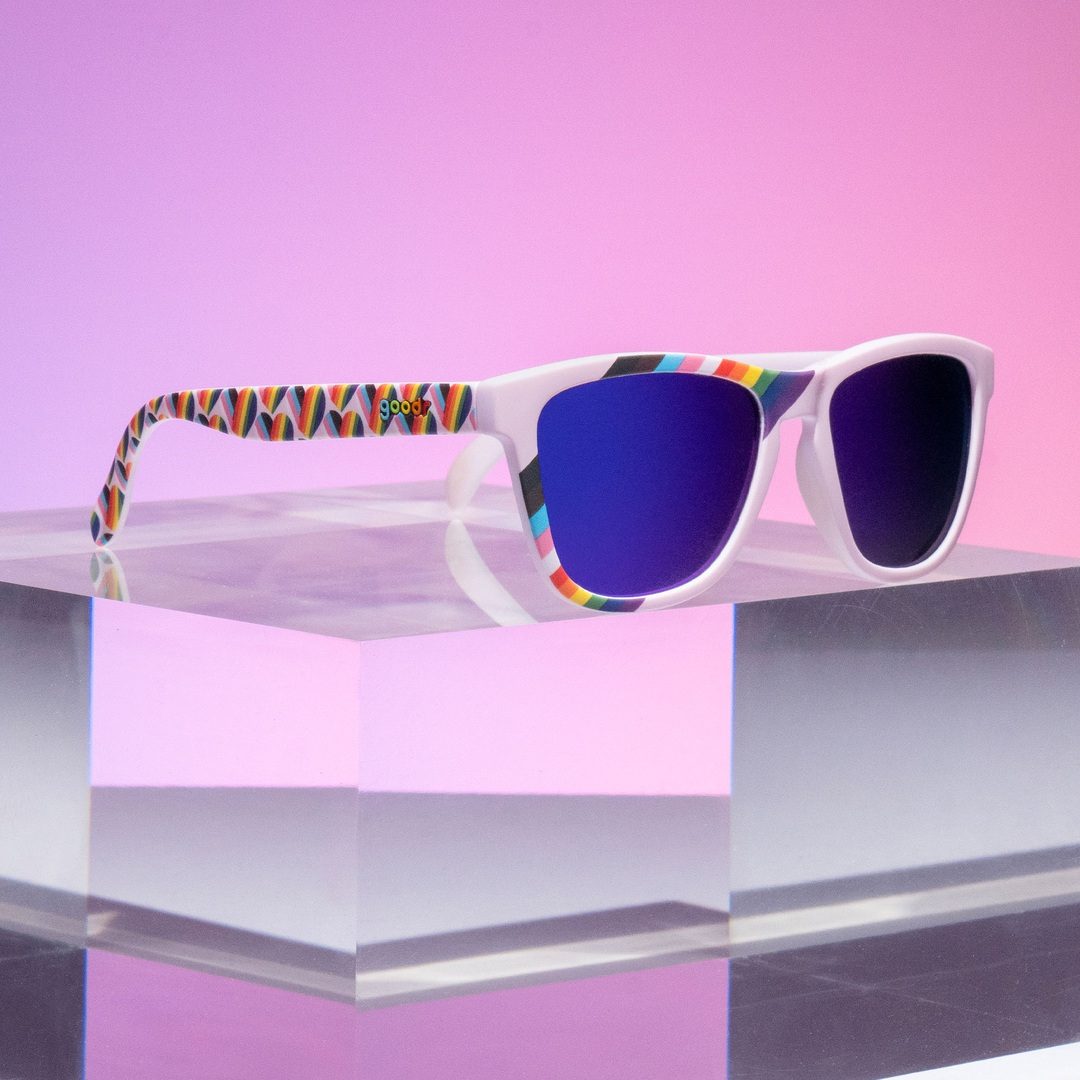 Pair of Rare Air Discs polarized sunglasses from the "We're Here To Slay" OG Pride Fest '25 collection, stylish accessories for pride celebrations.