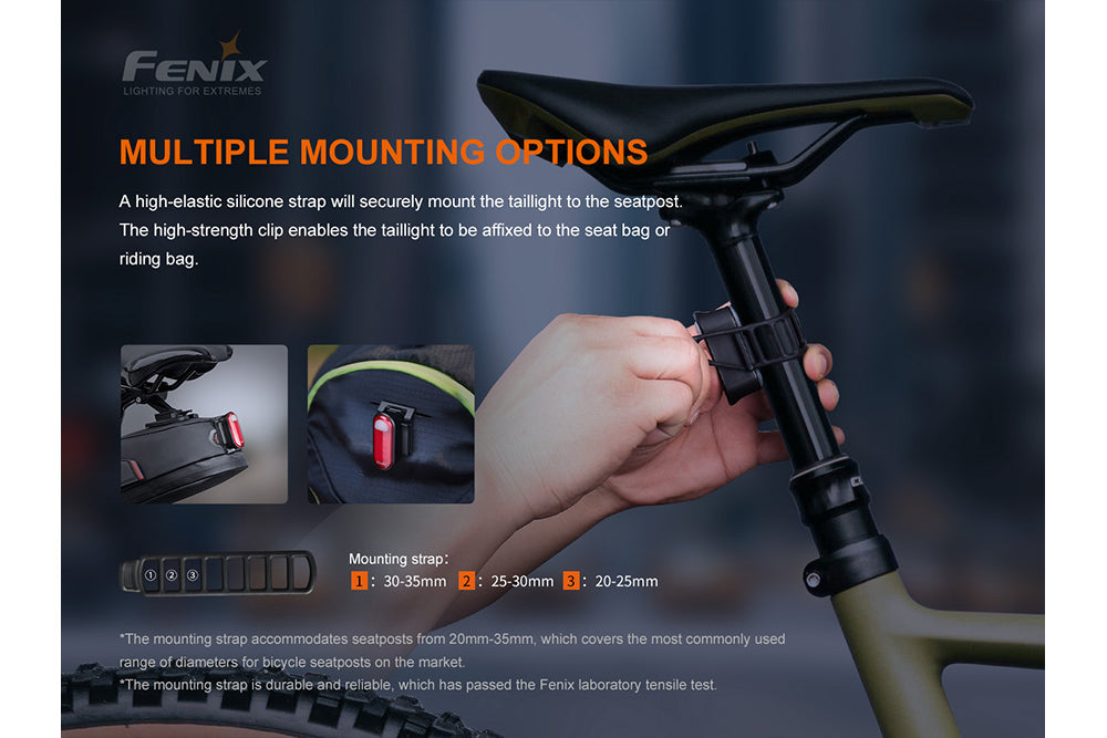 Fenix BC05R V2.0 rechargeable bicycle tail light with a bright red LED and compact design for safety during night rides.
