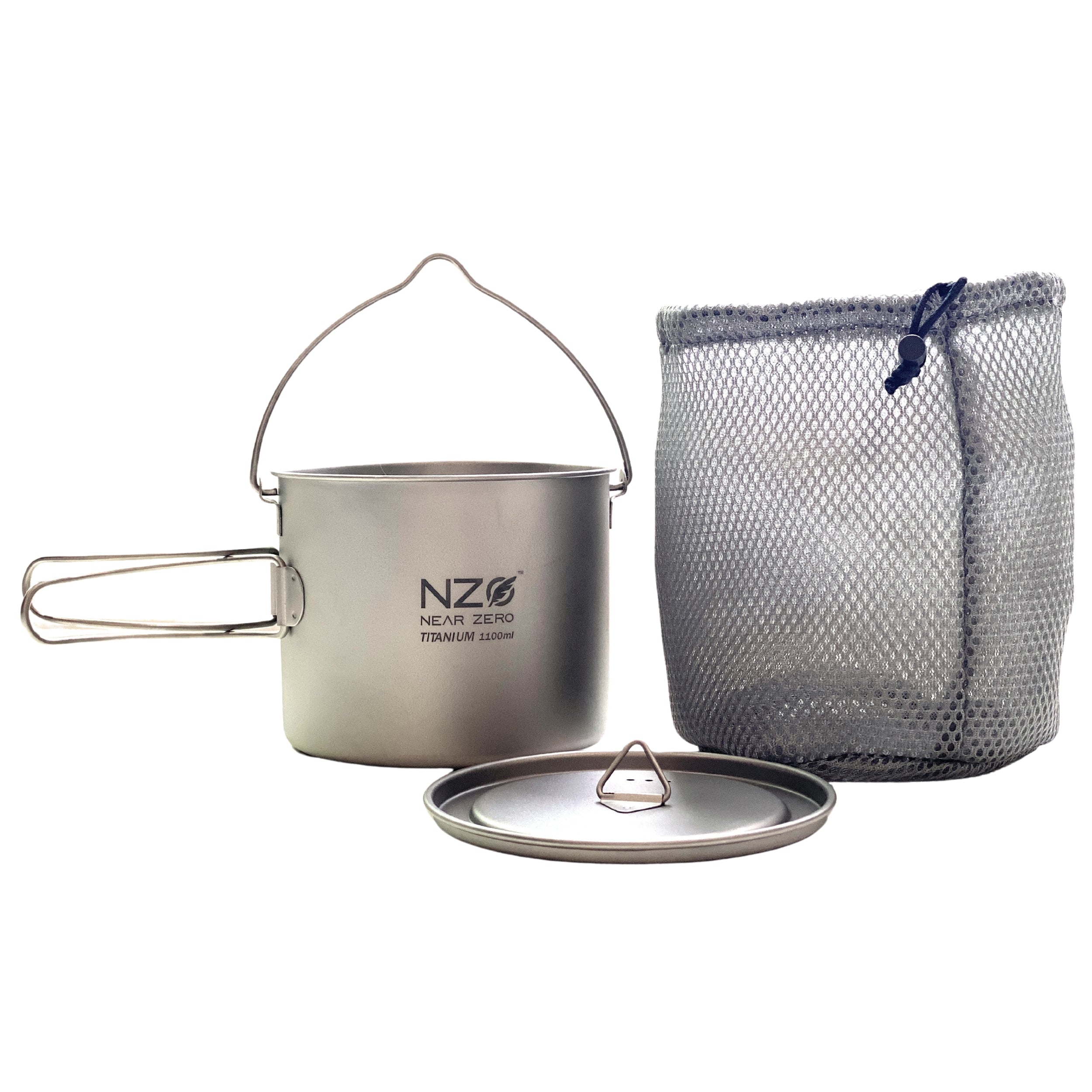 Near Zero Outdoor Gear titanium cooking pot, 1100 ml capacity, lightweight and durable camping cookware, with a polished metal finish.