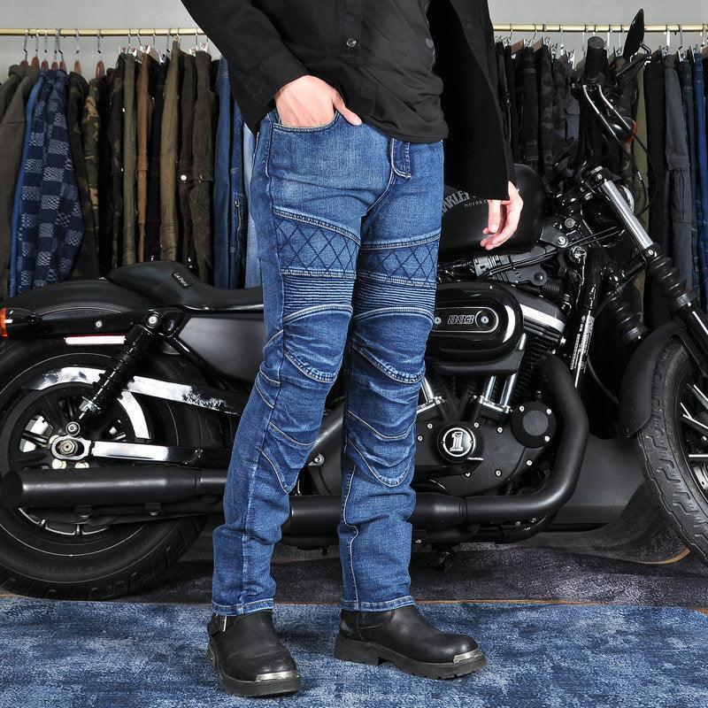 Bean's Moto Booth LOONG BIKER™ Cross Fire Kevlar motorcycle jeans for men, showcasing durable black motorcycle pants with protective Kevlar panels.
