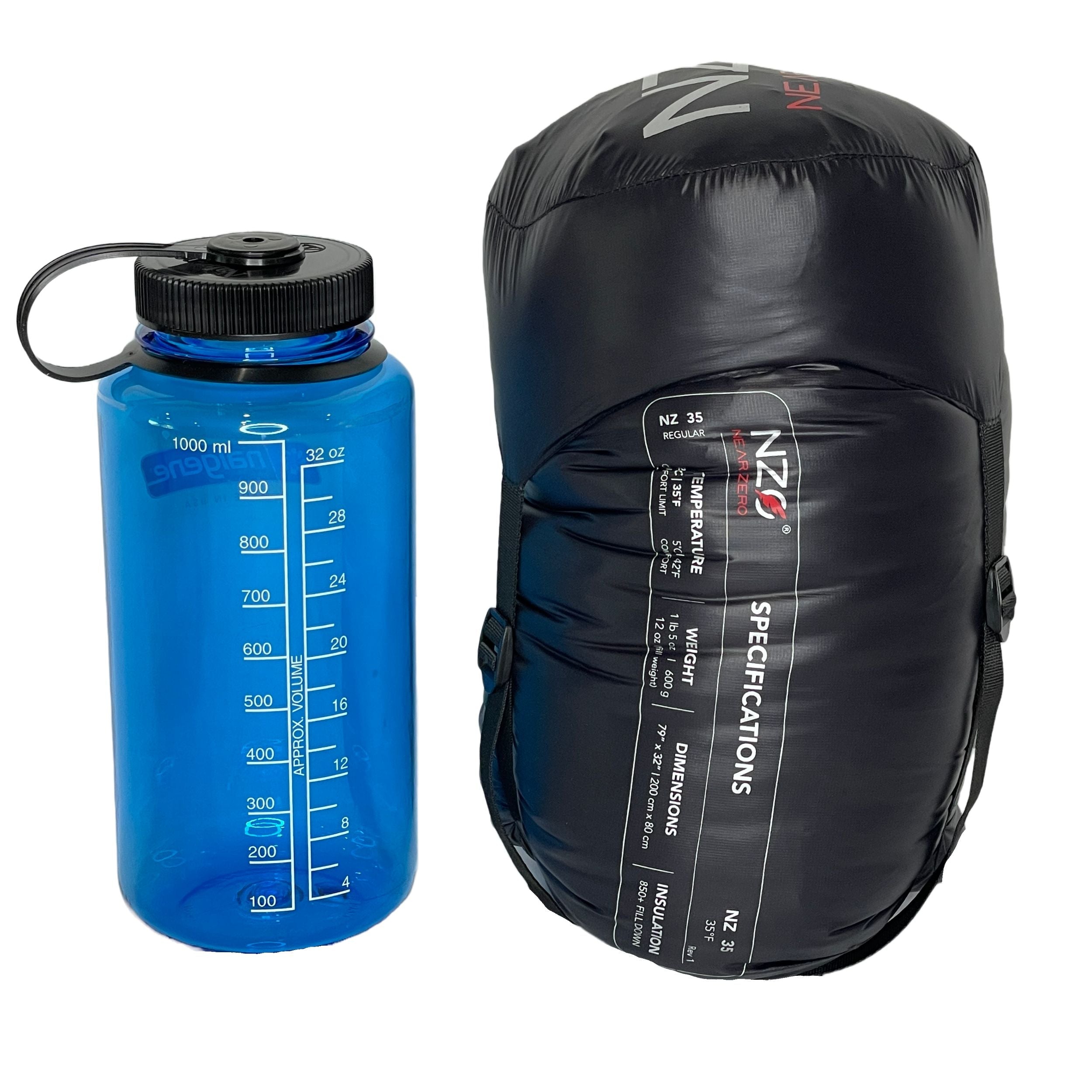 Near Zero Outdoor Gear NZ 35 Mummy Sleeping Bag open and laid out, featuring a lightweight, insulated sleeping bag for camping.