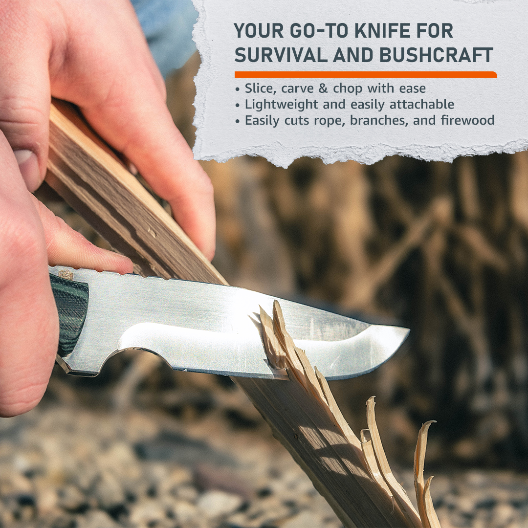Emerge Survival knife with a black handle and stainless steel blade, ideal for outdoor survival and camping tasks.