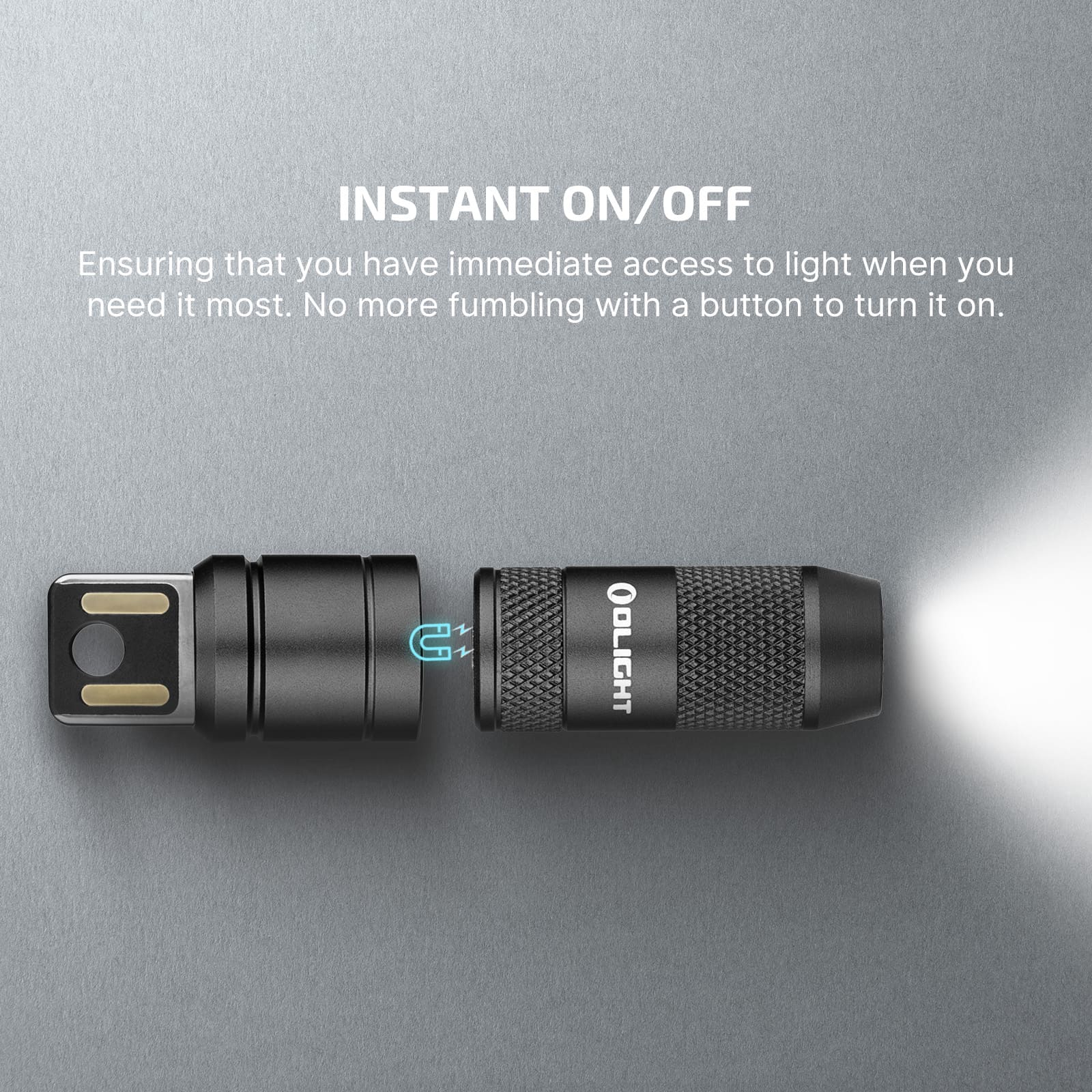 MUCITUP Olight iMini 2 rechargeable mini flashlight on a keychain, compact design, emitting 50 lumens of light.