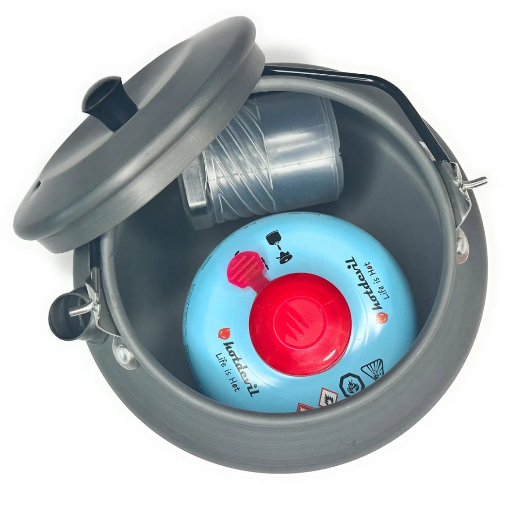Near Zero Outdoor Gear aluminum 1.0L kettle, a lightweight outdoor teapot with a sturdy handle and spout for camping use.