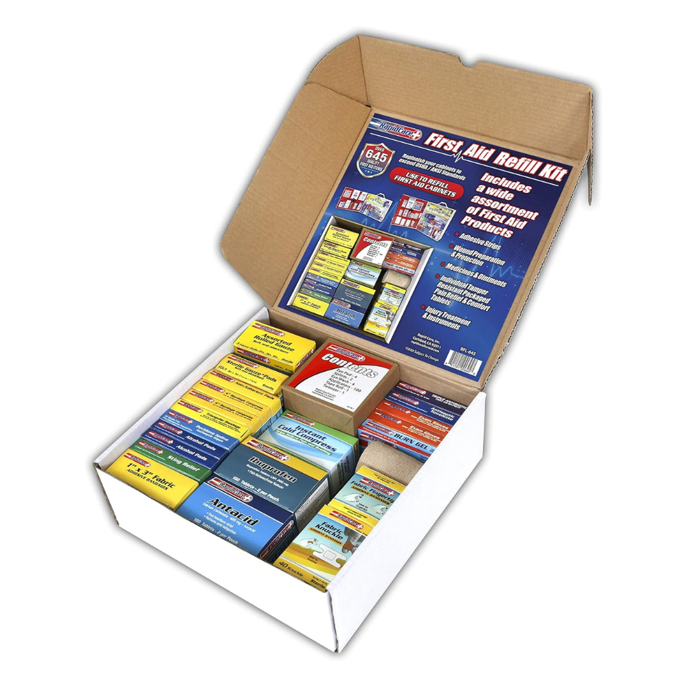 Large Rapid Care First Aid Kit refill with 645 pieces, including bandages, antiseptics, and medical supplies on three shelves.