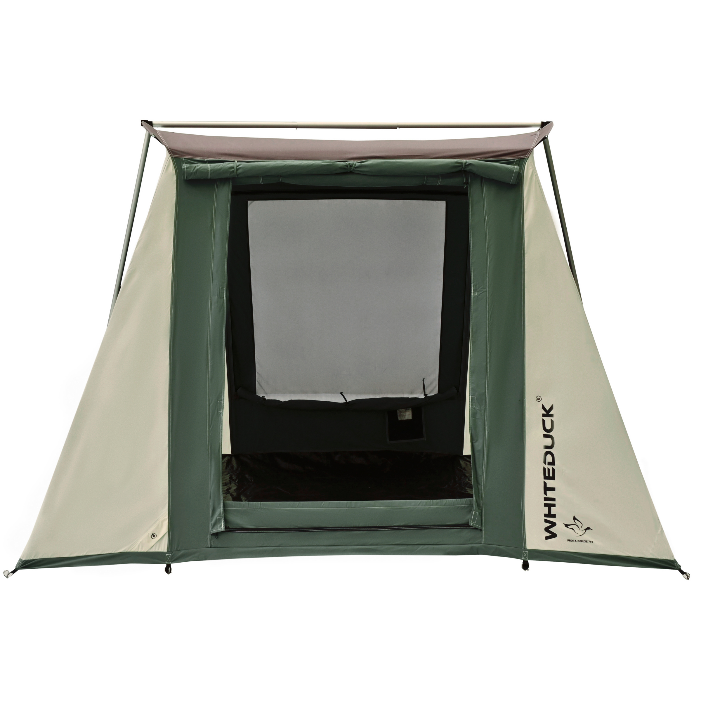 White Duck Outdoors 7x9 feet Prota Canvas Cabin Tent, Deluxe model, shown set up with durable canvas walls and spacious interior.