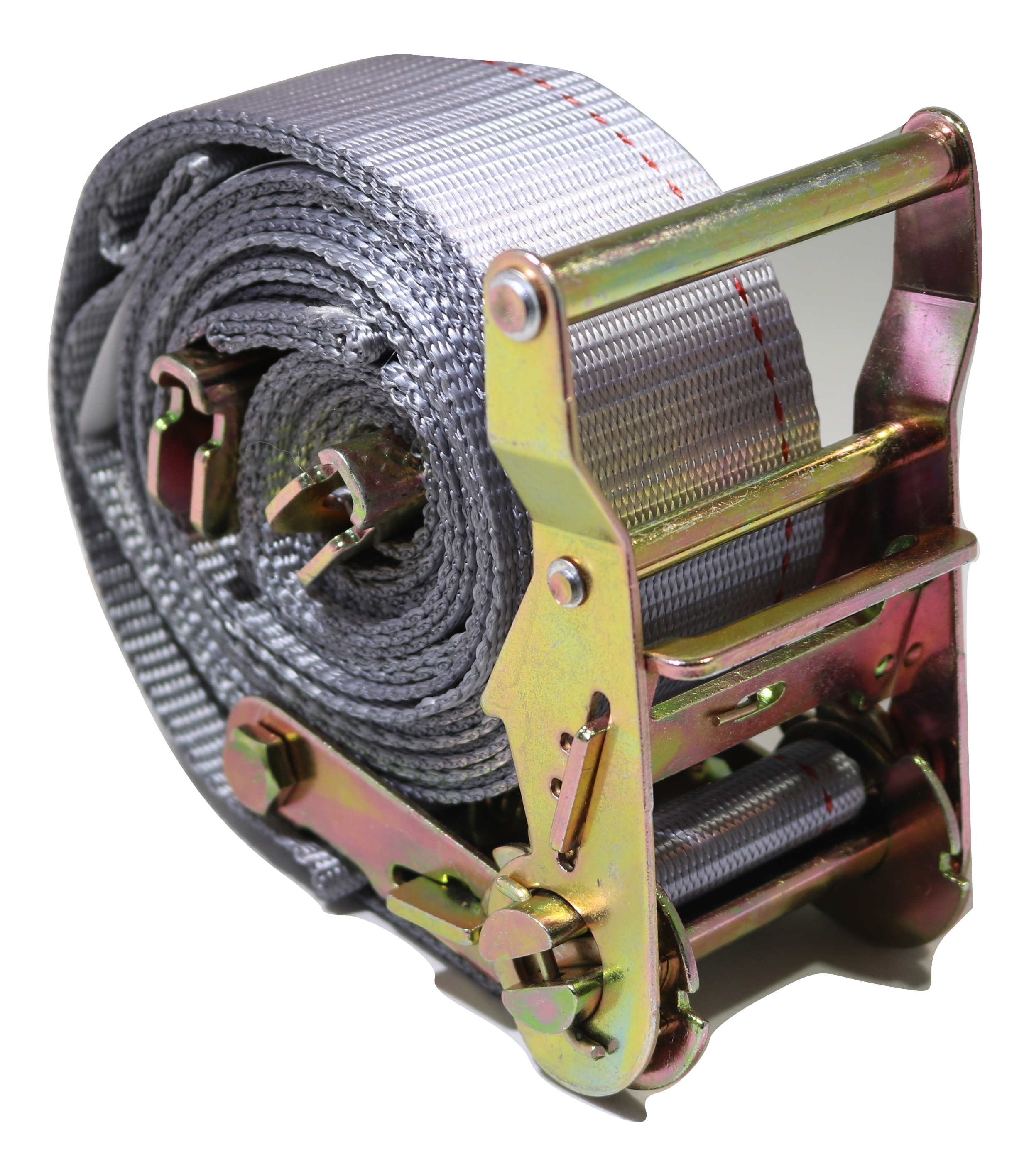 Set of 20 2x16 ft RatchetStrap.Com van E-Track straps with spring E fittings for interior logistics and cargo securement.