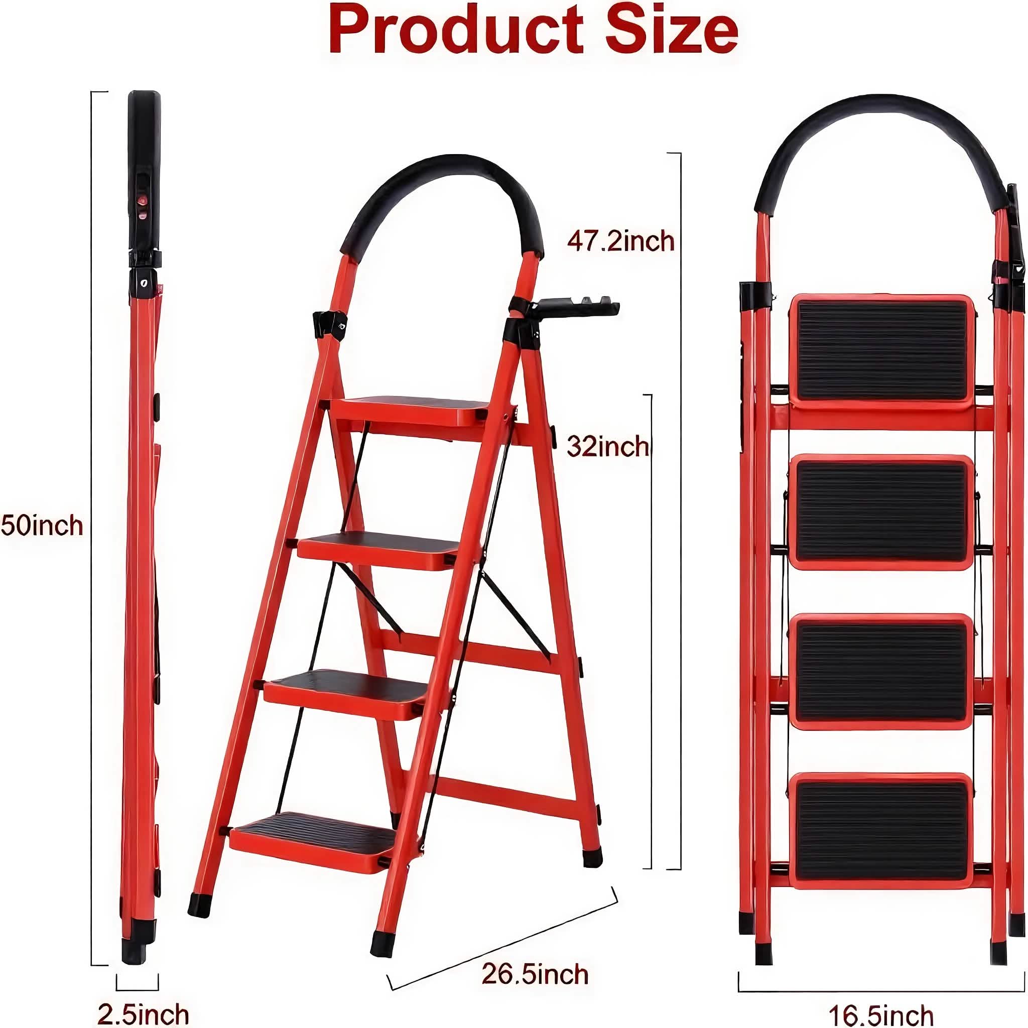 Portable steel folding 3/4-step ladder with anti-slip steps, ideal for kitchen use and household tasks.