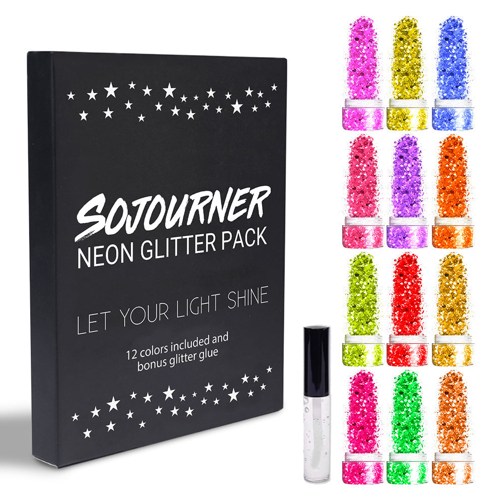 12 pack  Neon Glitter + 1 glitter glue Chunky Cosmetic Holographic Glitter | Body, Face & Hair Safe - OVERLANDERS Outfitter