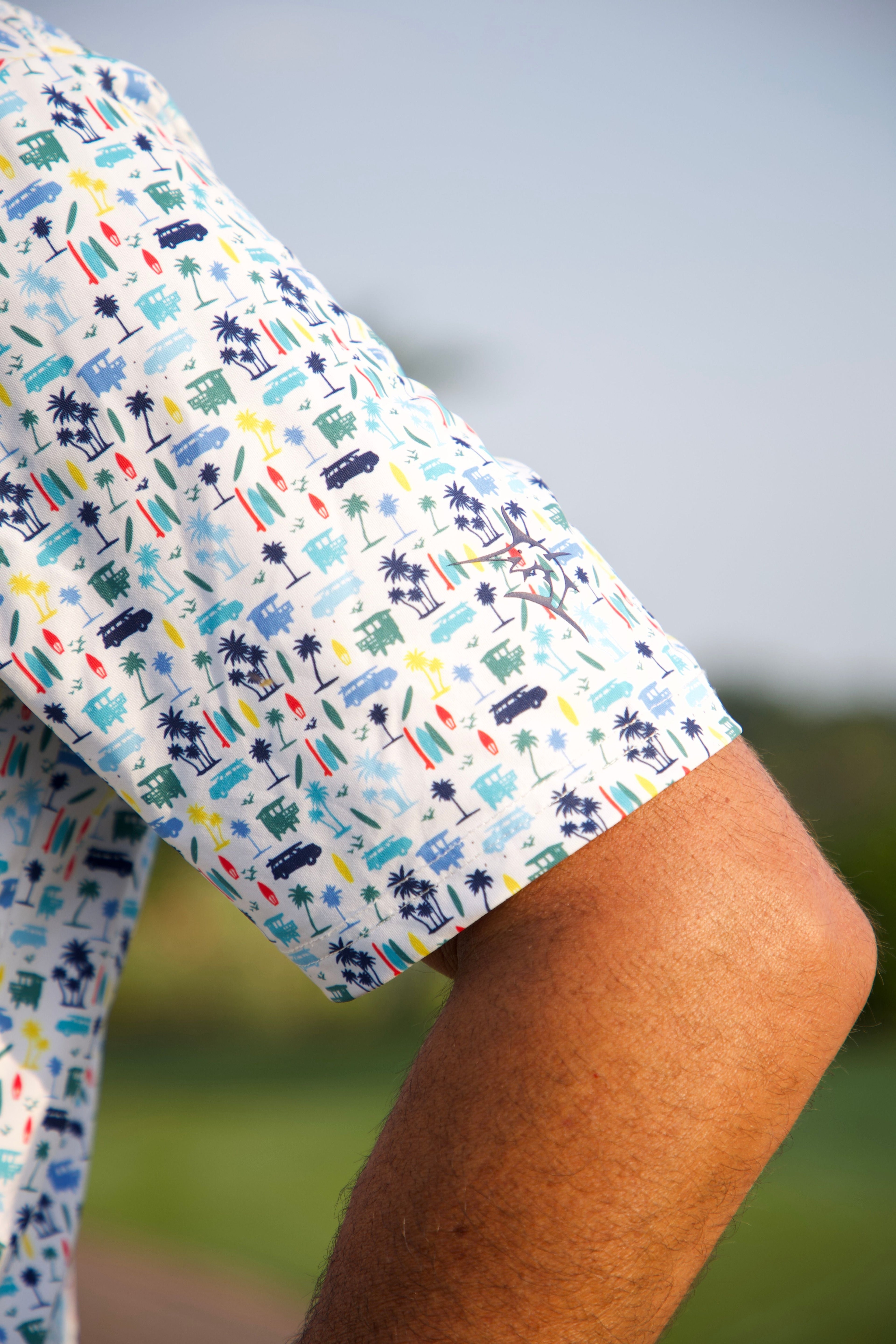 White Water Life Surfs Up Polo shirt in vibrant colors, featuring a classic polo collar and surf-themed design.
