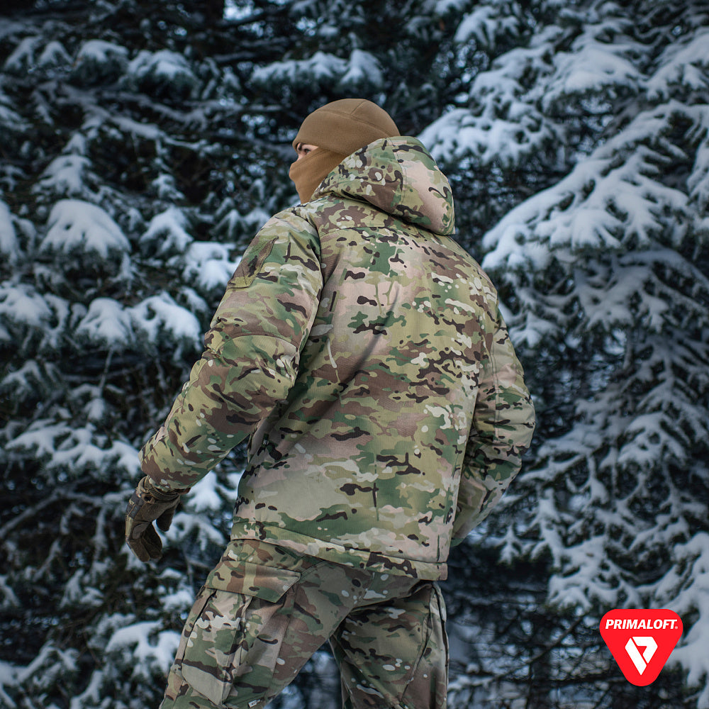 M-Tac Winter Jacket Alpha Gen.IV Pro Primaloft with insulated design, black color, and high collar for cold weather protection