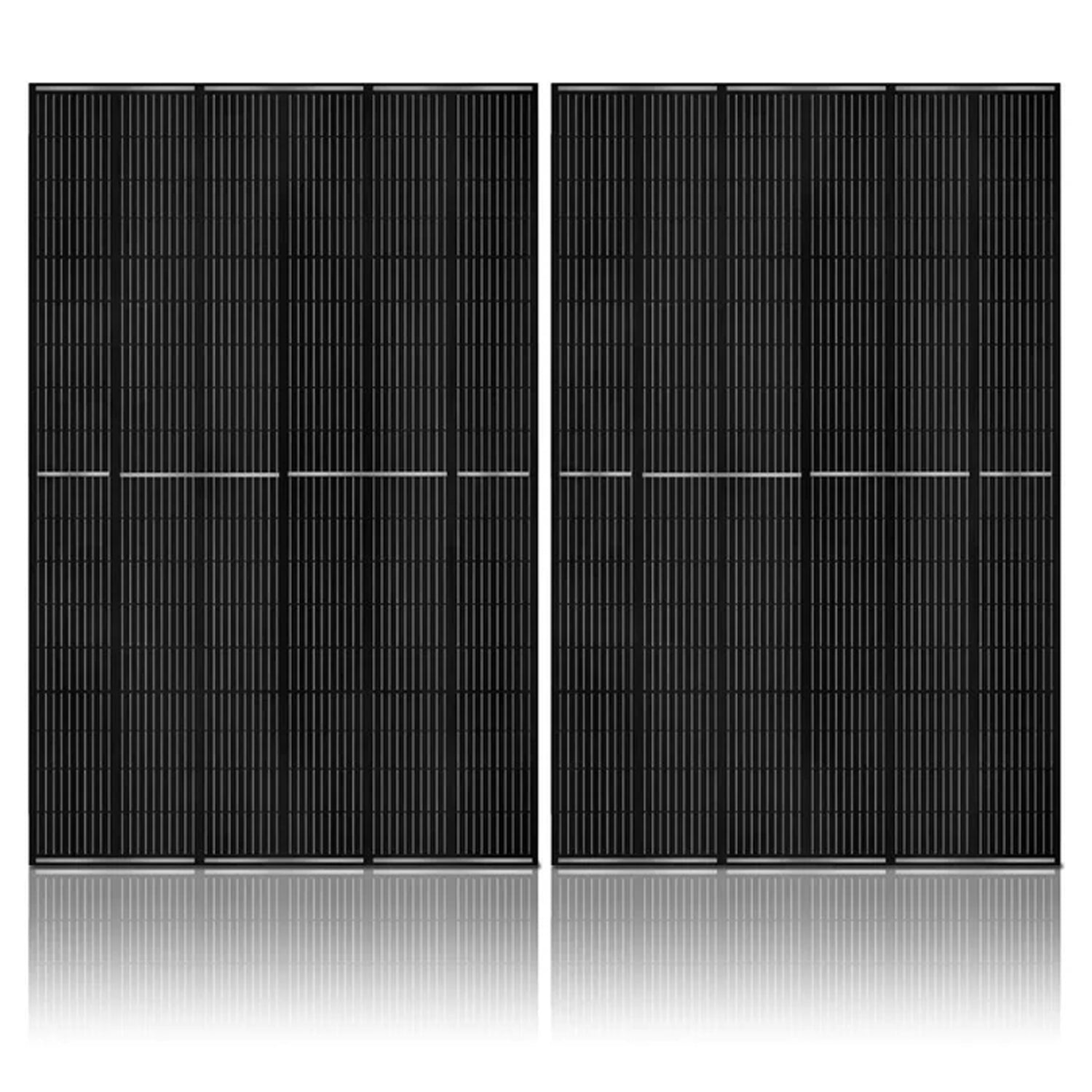 Two 410W solar panels from Nature's Generator Powerhouse V2 solar and wind generator system, showing black photovoltaic panels outdoors.