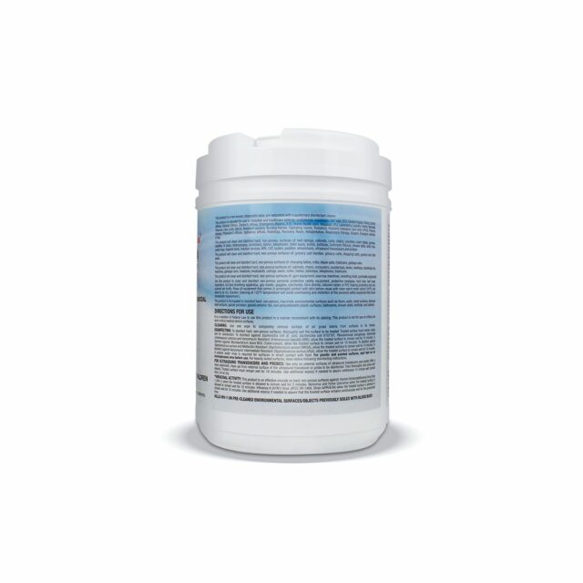 Back of Alpenglow SaniZide Plus® Surface Disinfectant Wipes canister showing 16ct packaging and usage instructions.