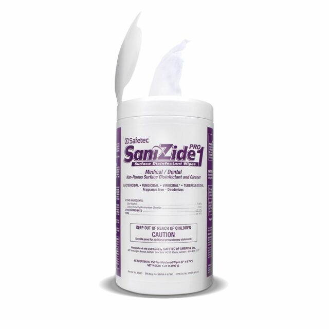 Open canister of SaniZide Pro 1® Surface Disinfectant Wipes by Alpenglow Readiness Supply with wipes partially pulled out.