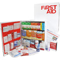 Three-shelf ANSI A first aid cabinet by quakekits.com, compact red first aid kit with organized shelves for emergency supplies.