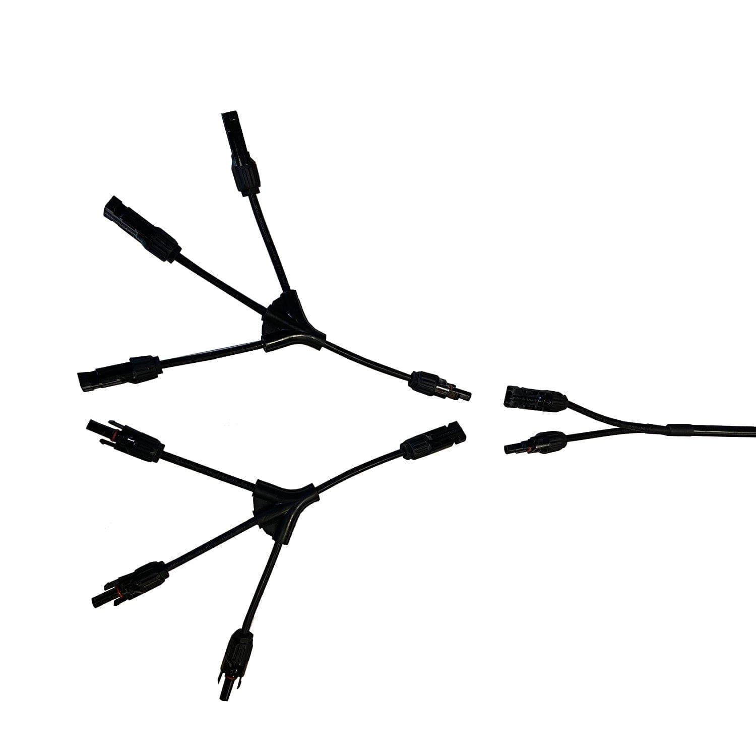 Nature's Generator 3-Way MC4 Branch Connectors for Elite models, shown in black with three connection ports.