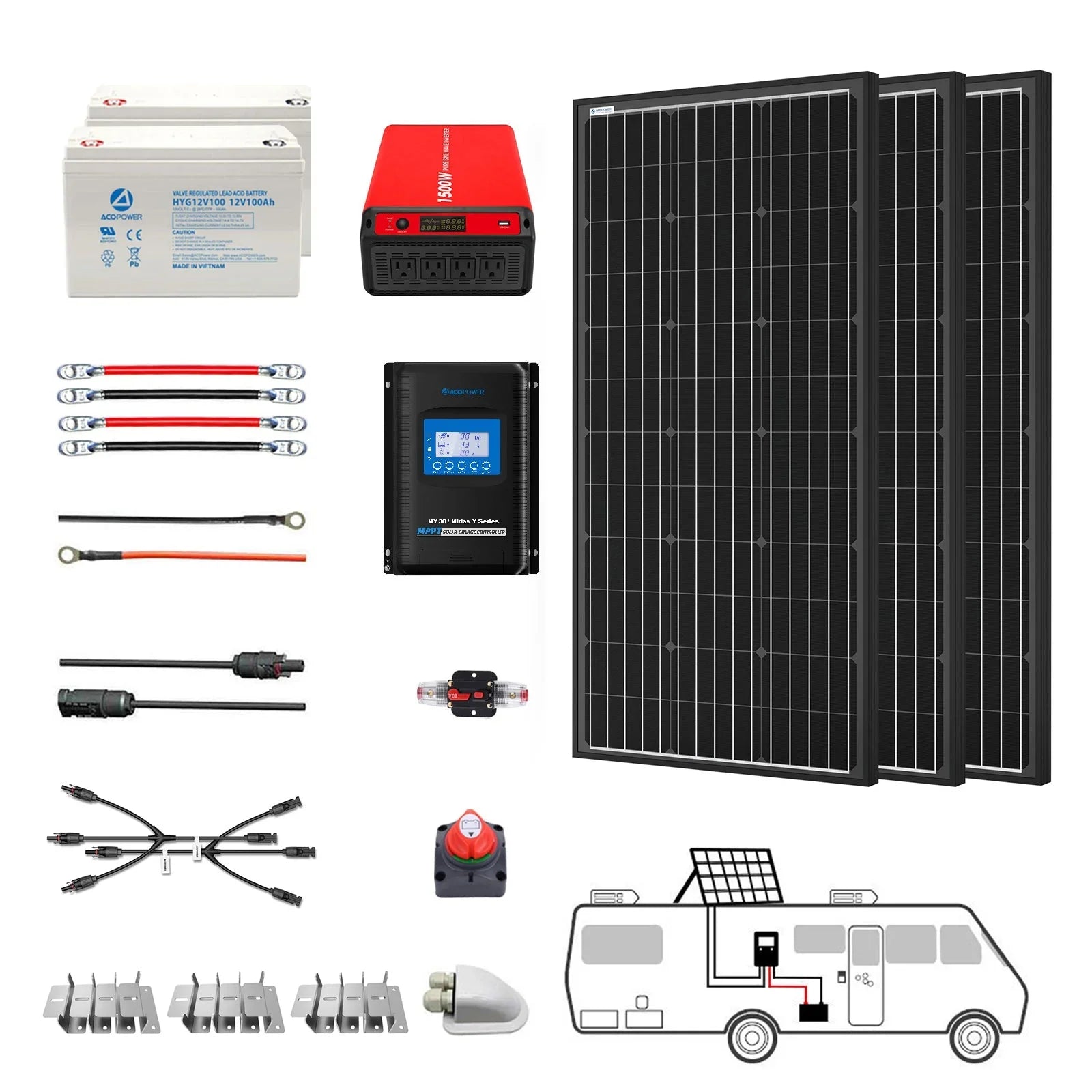 ACOPOWER Deep Cycle GEL Battery Mono Solar Power Complete System with Battery and Inverter for RV Boat 12V Off Grid Kit - OVERLANDERS Outfitter