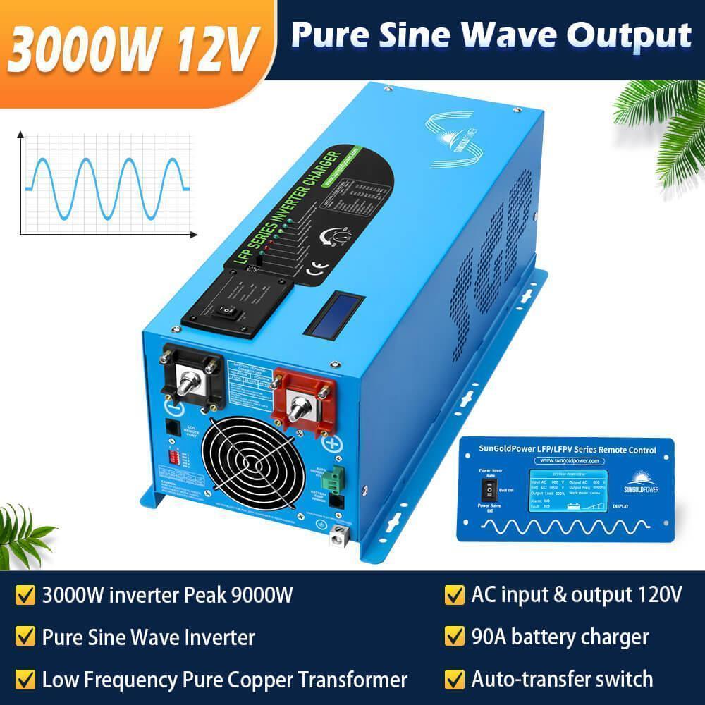 Green Vista Living Off Grid Solar Kit with 3000W inverter, 12VDC battery, and 120V output, including solar panels and backup system.