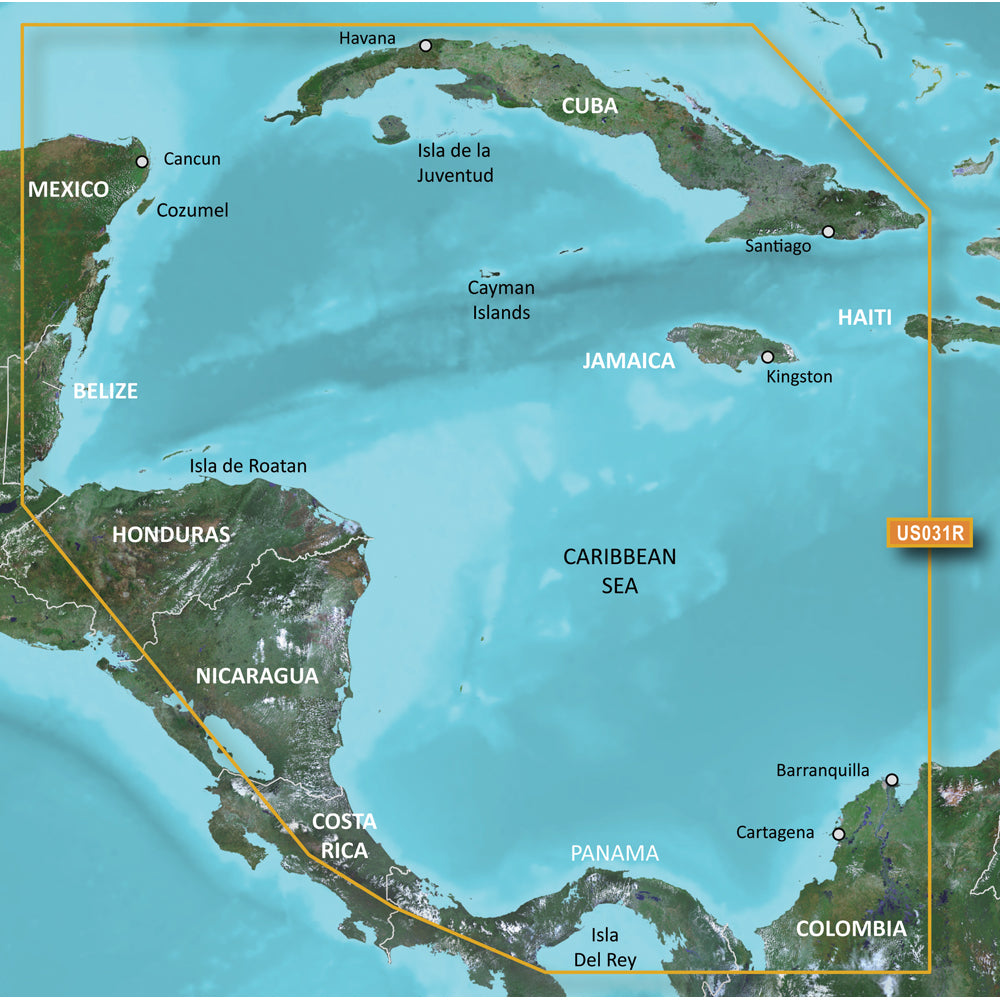 Garmin BlueChart g3 Vision HD VUS031R Southwest Caribbean microSD map card showing detailed nautical charts and navigation features.