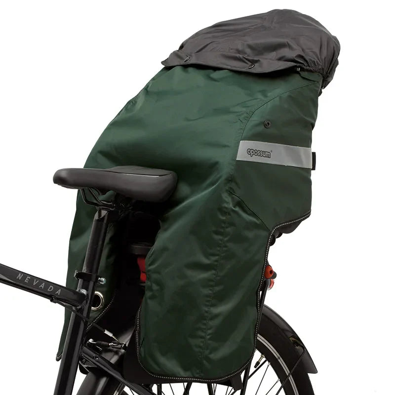 ZEITBIKE Tucano Urbano thermal child bike seat rain cover with hood, waterproof bicycle rain cape for kids in green color.