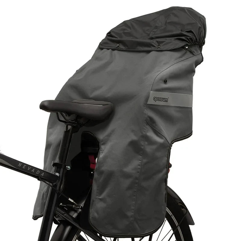 Grey thermal child bike seat rain cover with hood by ZEITBIKE, designed for Tucano Urbano bike seats, offers weather protection for kids.
