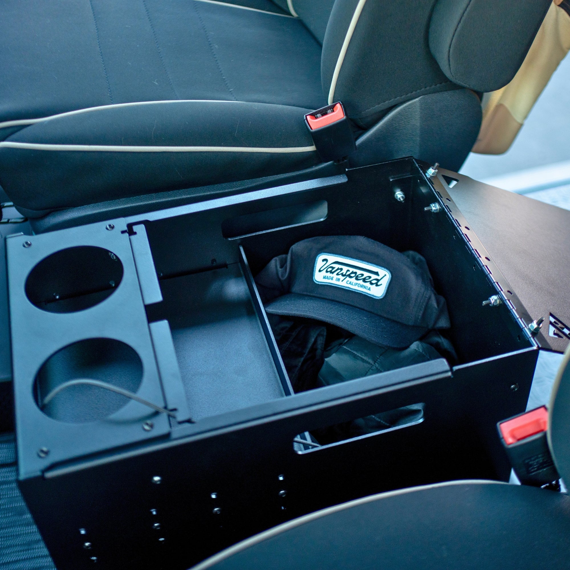 Sprinter Scout Center Console Box by The Van Mart, featuring a sleek design and durable storage for van accessories.