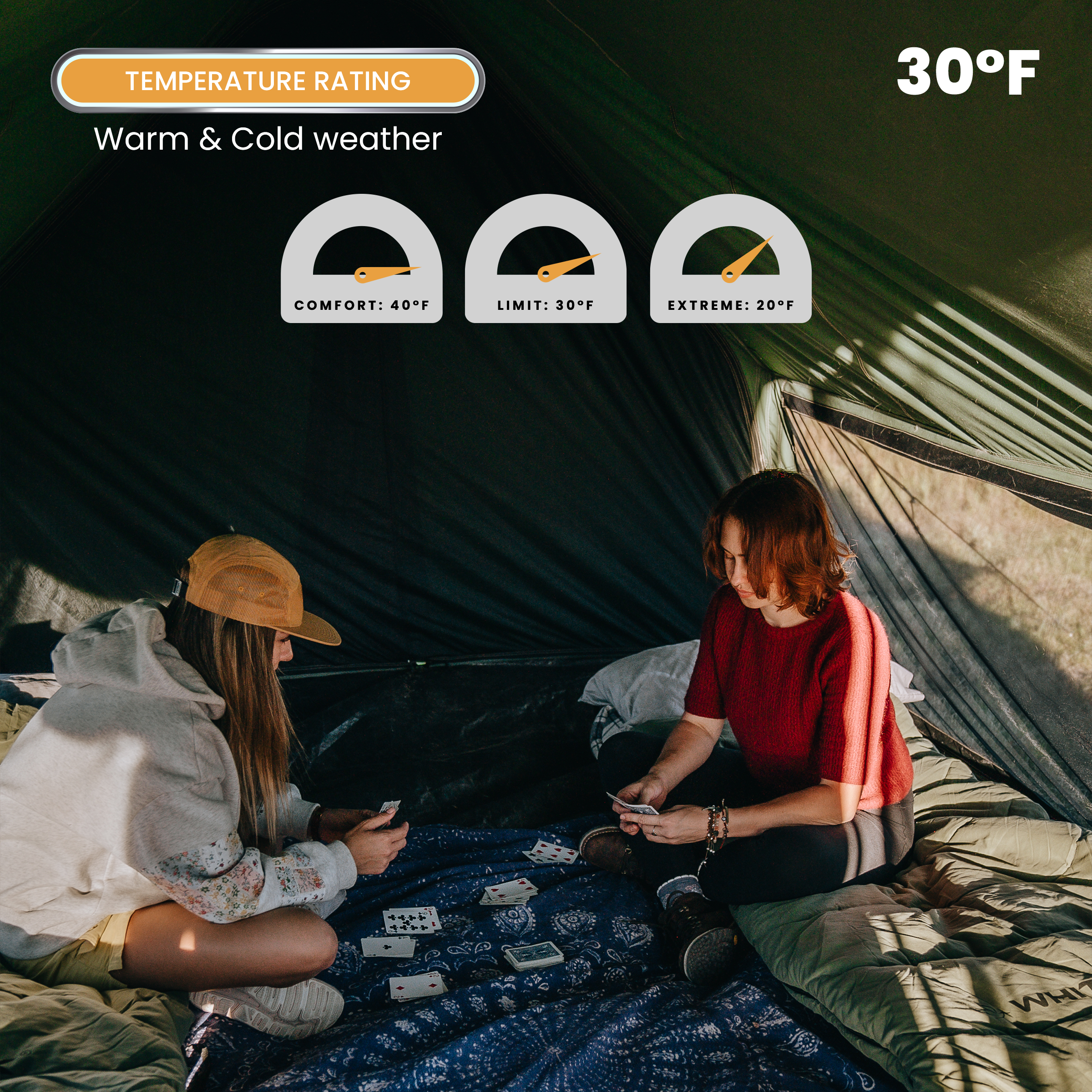 White Duck Outdoors Slumbernest™ sleeping bag rated for 30°F, featuring a compact design and insulated interior for cold-weather camping.
