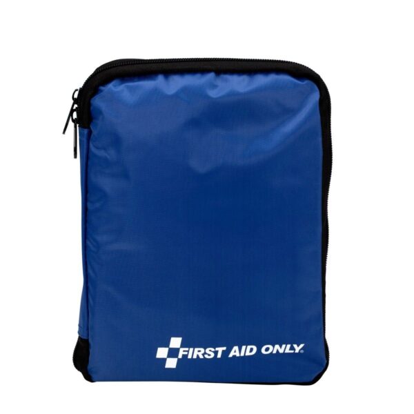 Softsided Quakekits 312-piece first aid kit with various medical supplies in a clear clamshell container inside.