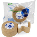 Self-adherent tan Sensi Wrap bandage, 1 inch wide and 5 yards long, used for secure, flexible medical wrapping.