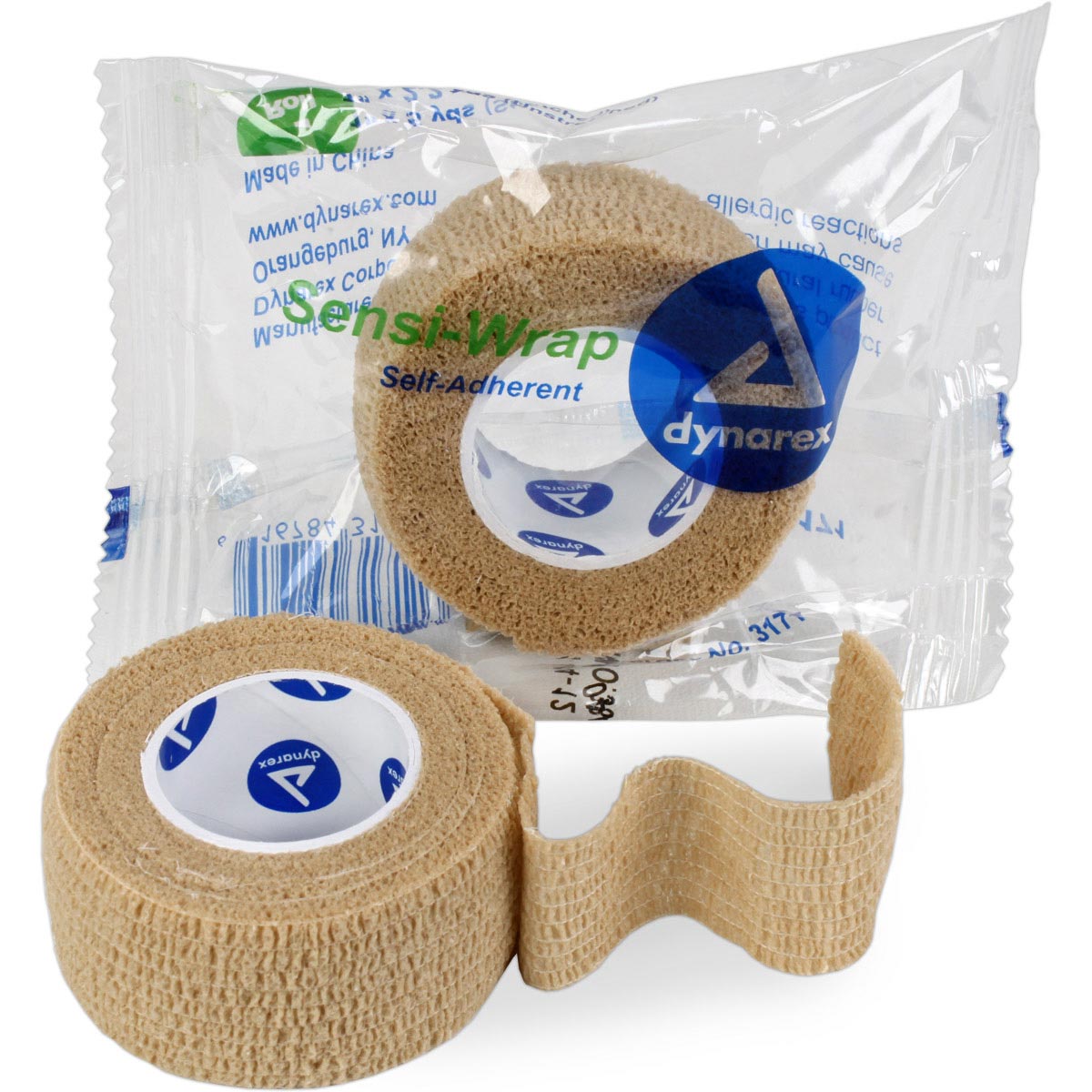 Self-adherent tan Sensi Wrap bandage, 1 inch wide and 5 yards long, used for secure, flexible medical wrapping.