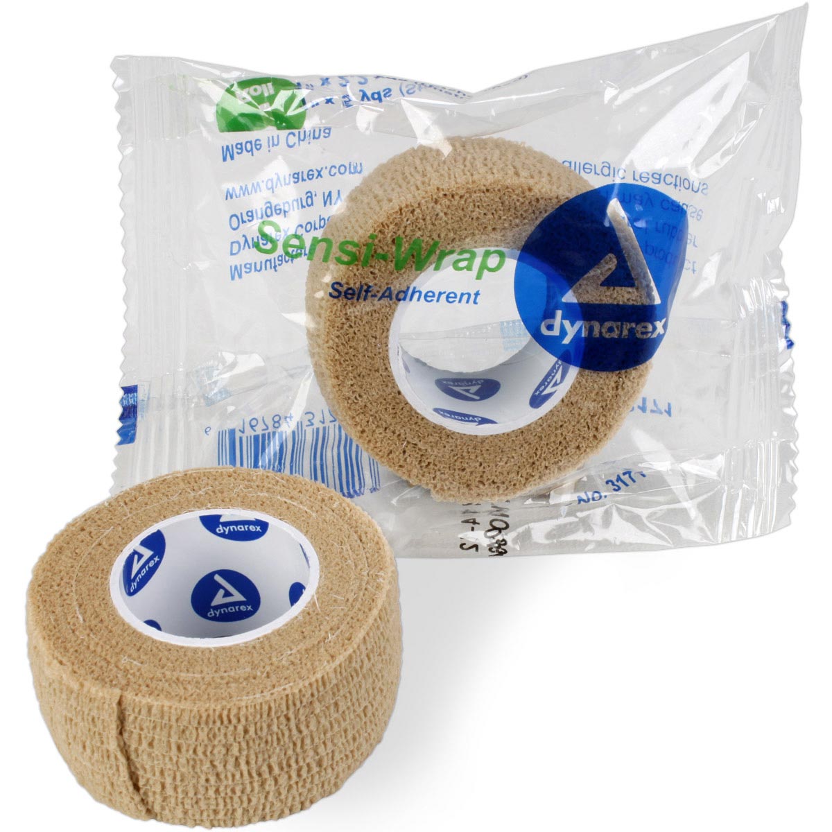Self-adherent tan Sensi Wrap bandage, 1 inch by 5 yards, flexible and secure for medical or sports use.