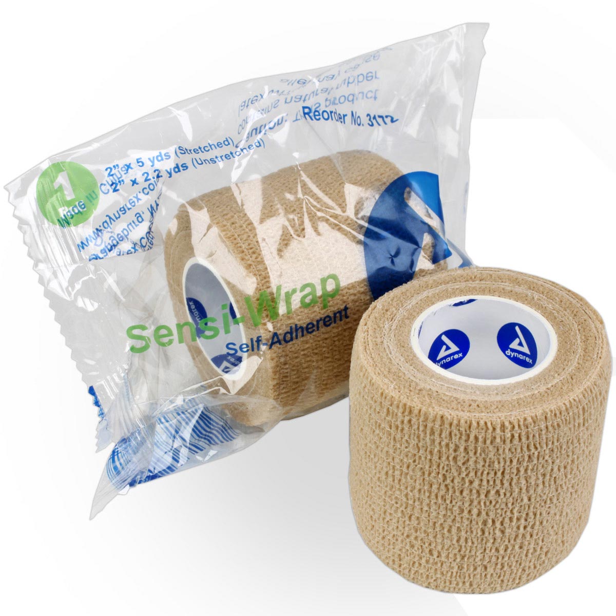 Tan Sensi Wrap self-adherent wrap, 2-inch by 5 yards, used for compression and support, shown in the image.