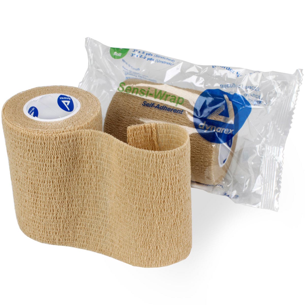 Self-adherent Sensi Wrap bandage in tan, 3-inch by 5 yards, used for secure, flexible support and compression.