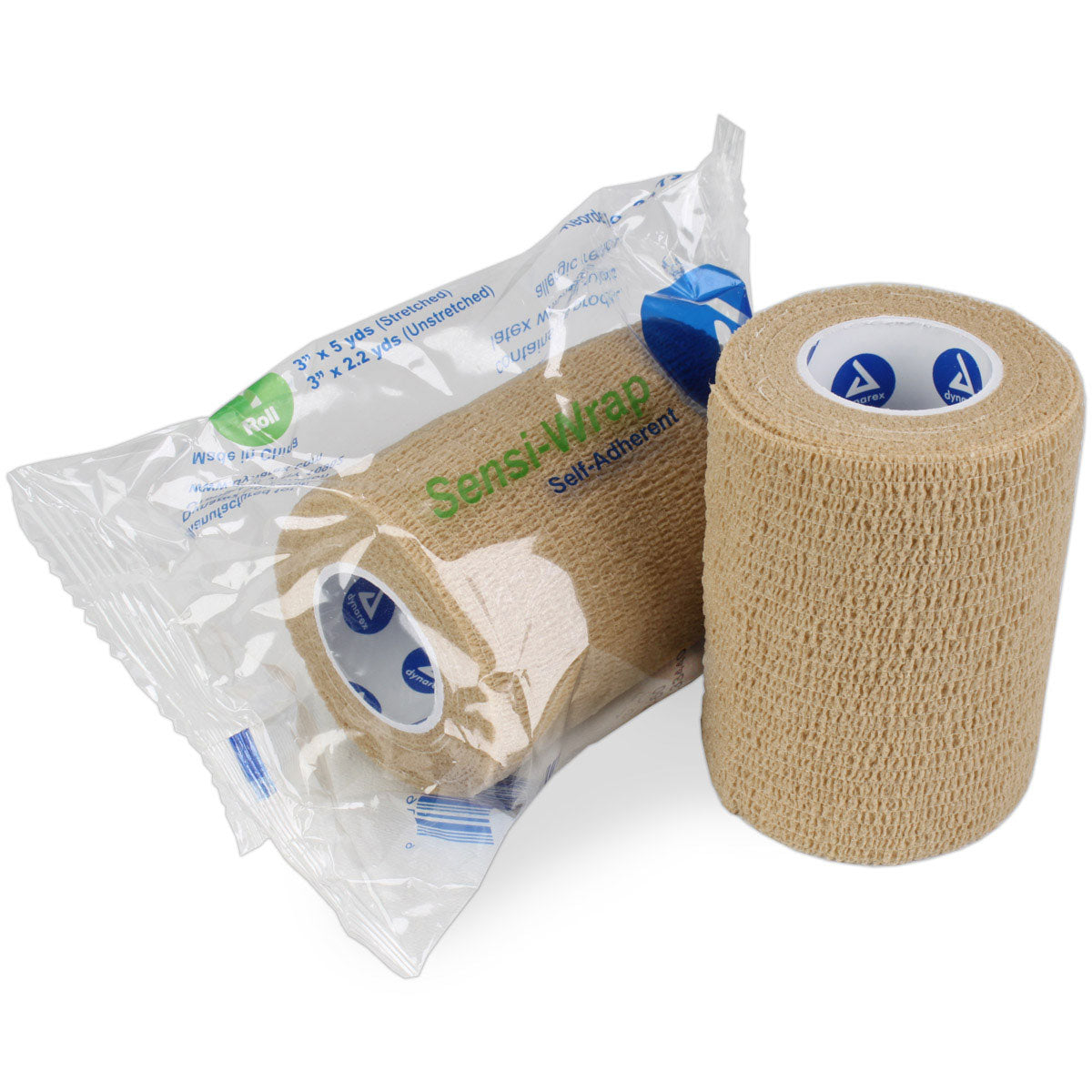 Self-adherent tan Sensi Wrap bandage, 3-inch by 5 yards, used for securing dressings and support in medical applications.