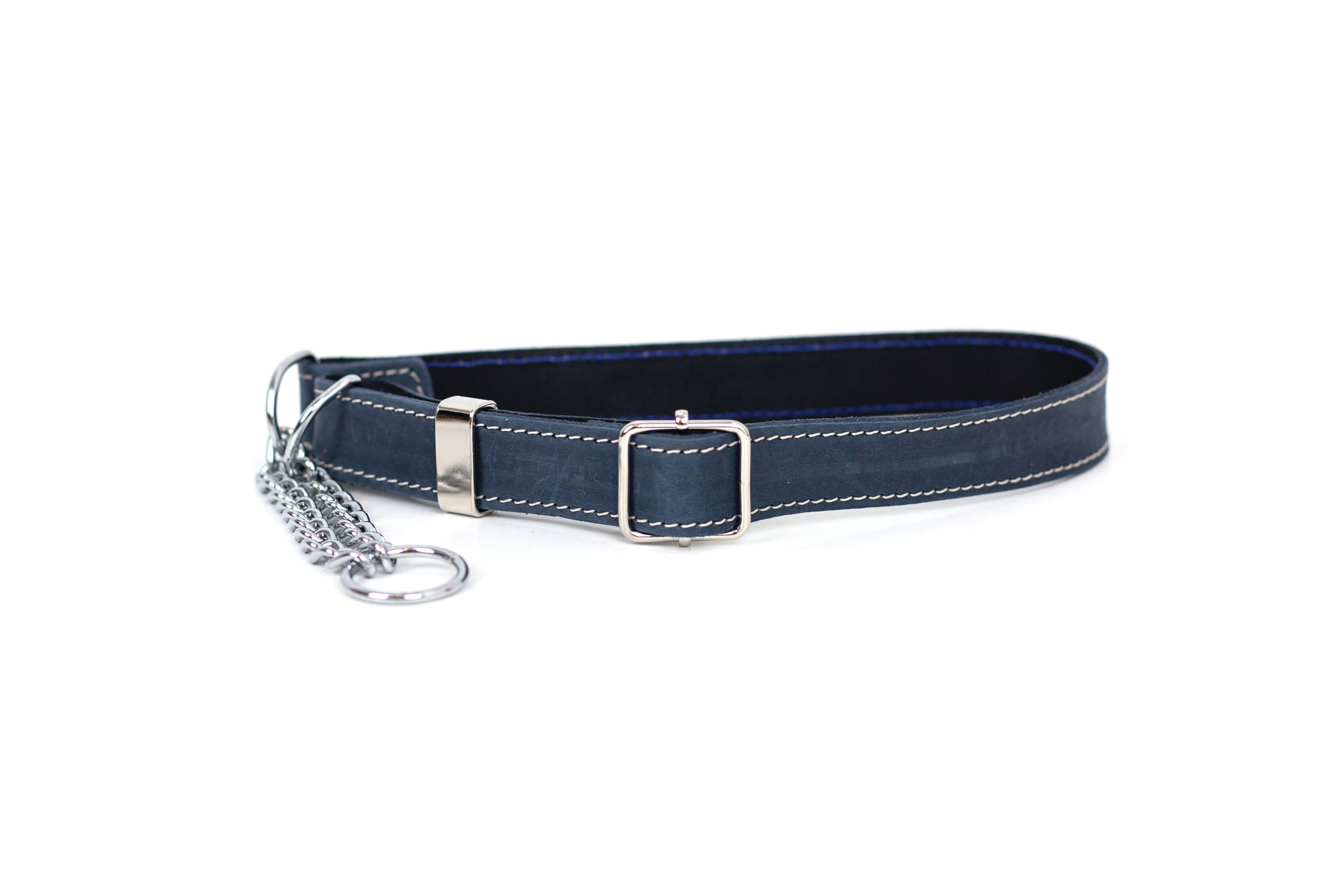 Blue leather dog collar with martingale design from Euro-Dog Collars, featuring sturdy hardware and quality craftsmanship.
