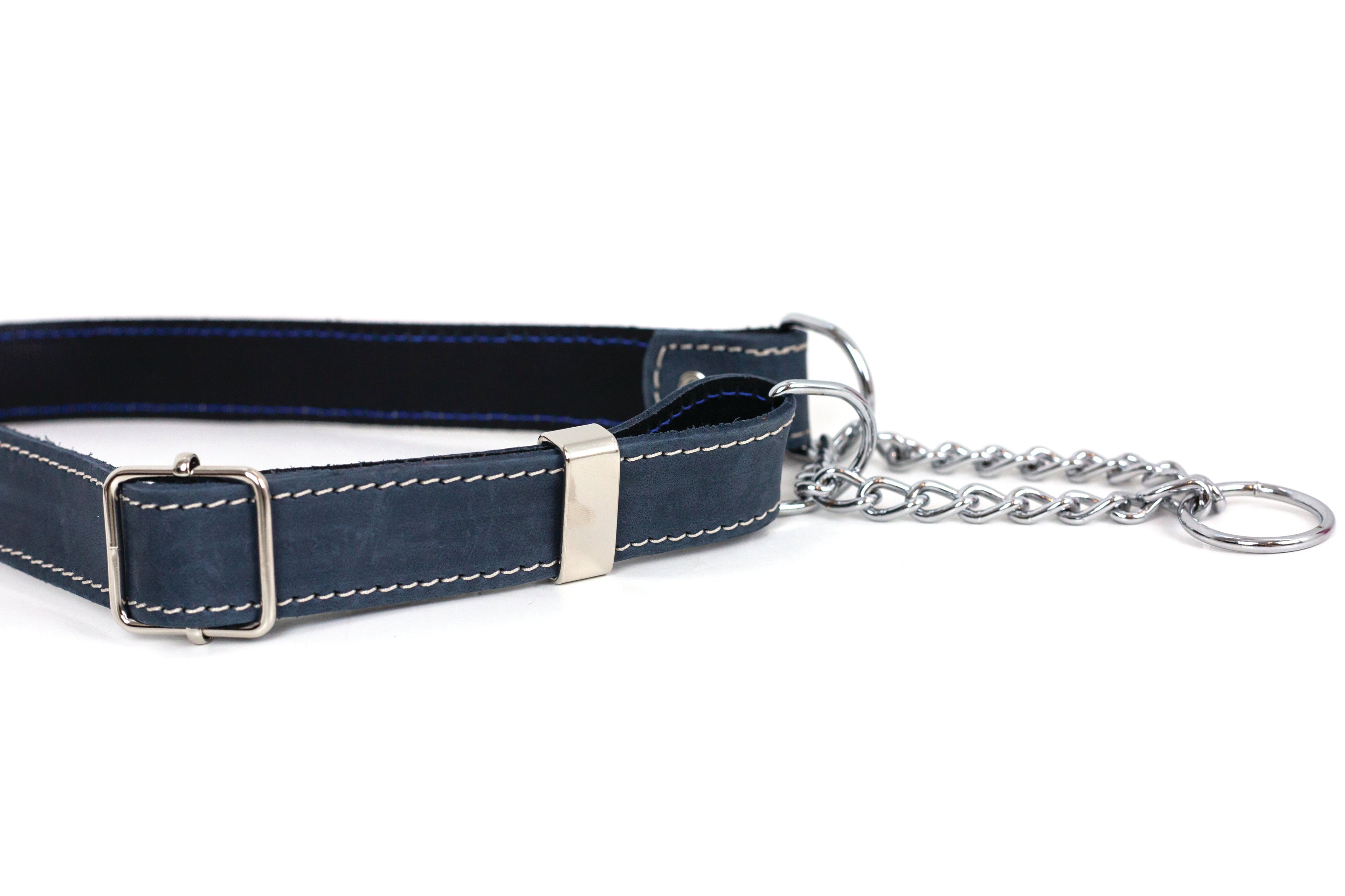 Blue leather dog collar with martingale design from Euro-Dog Collars, featuring durable stitching and a silver buckle.
