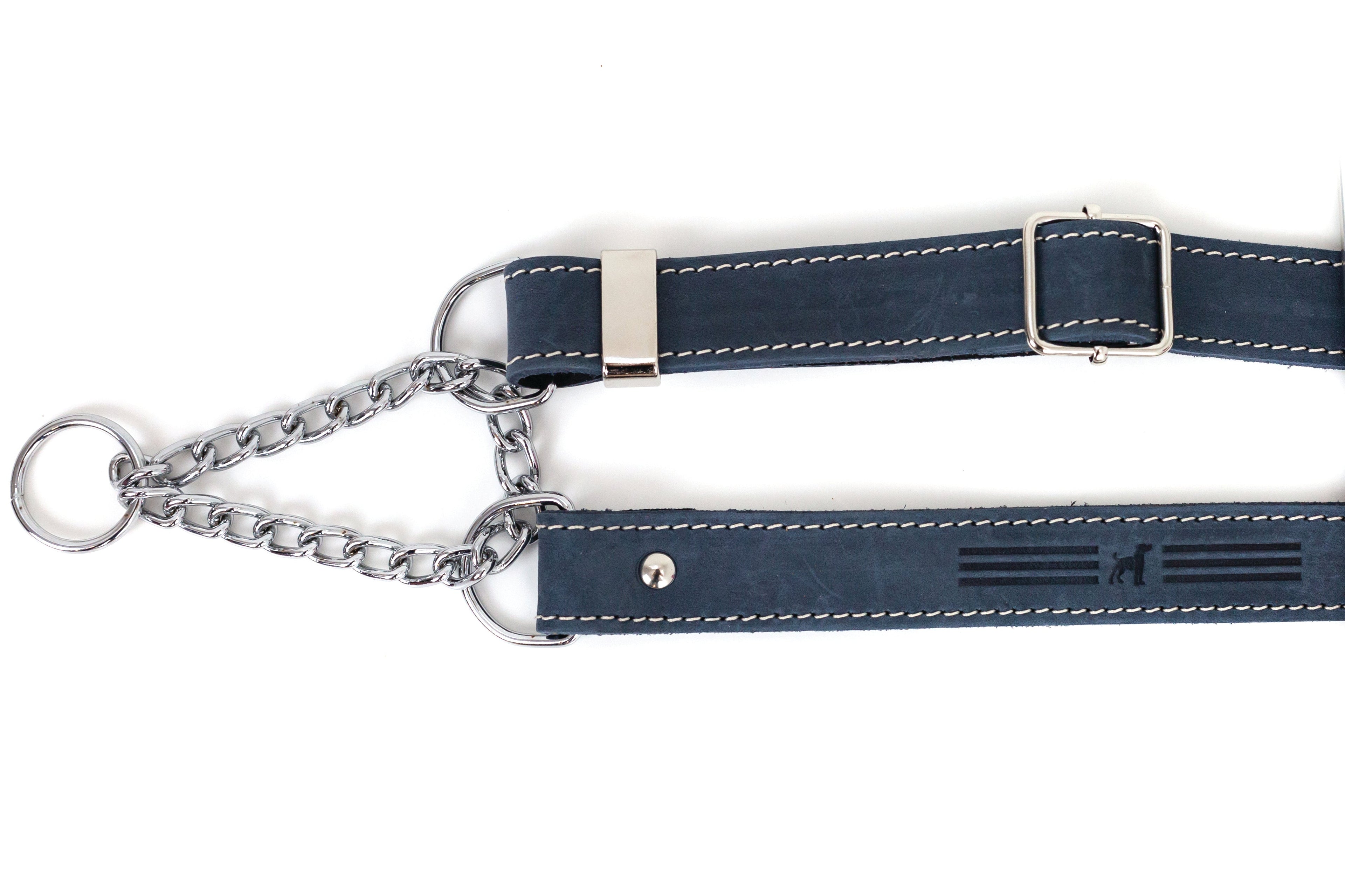 Blue leather dog collar with martingale design from Euro-Dog Collars, featuring sturdy metal hardware and adjustable fit.