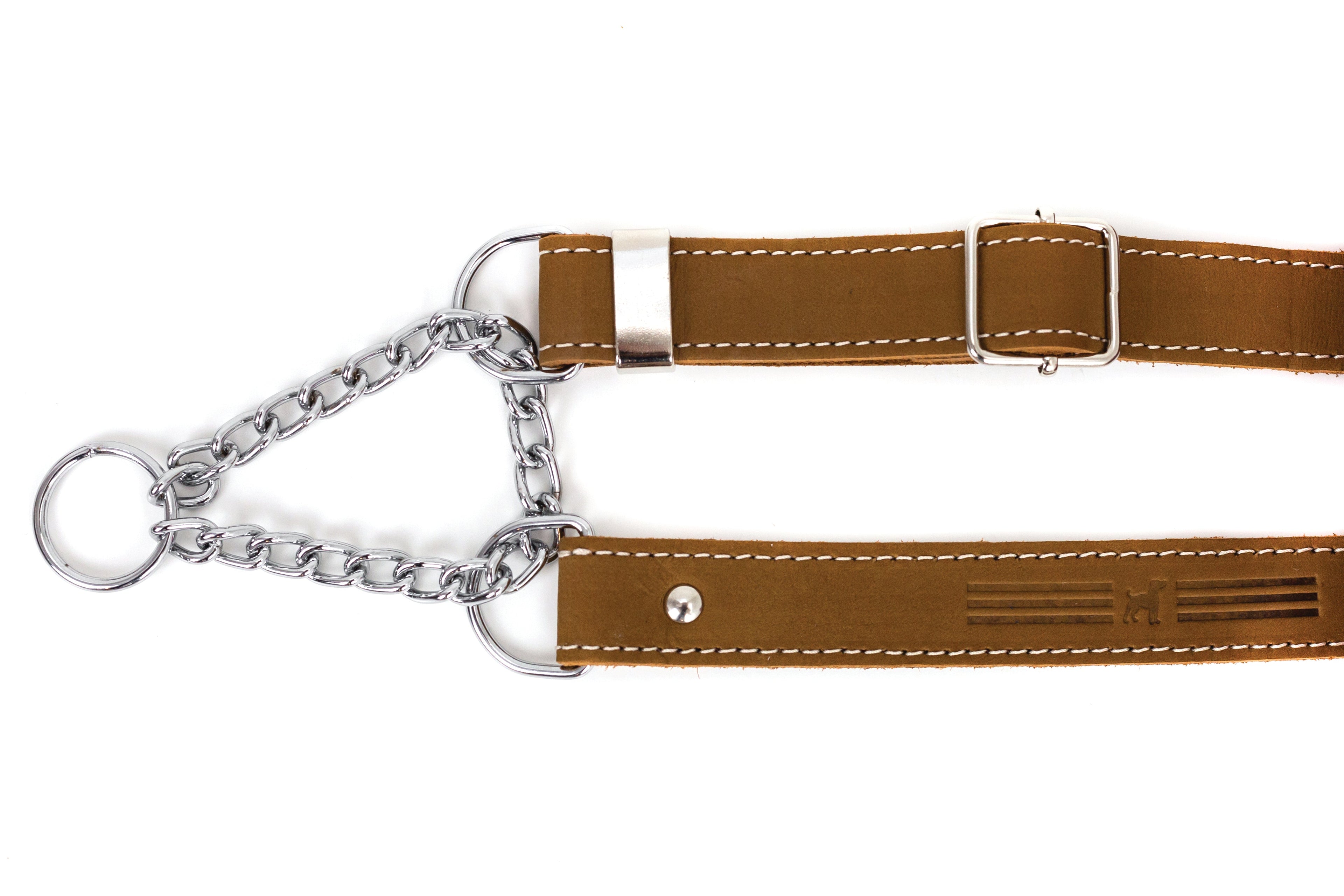 Earth brown leather dog collar with martingale design from Euro-Dog Collars, featuring sturdy stitching and metal hardware.