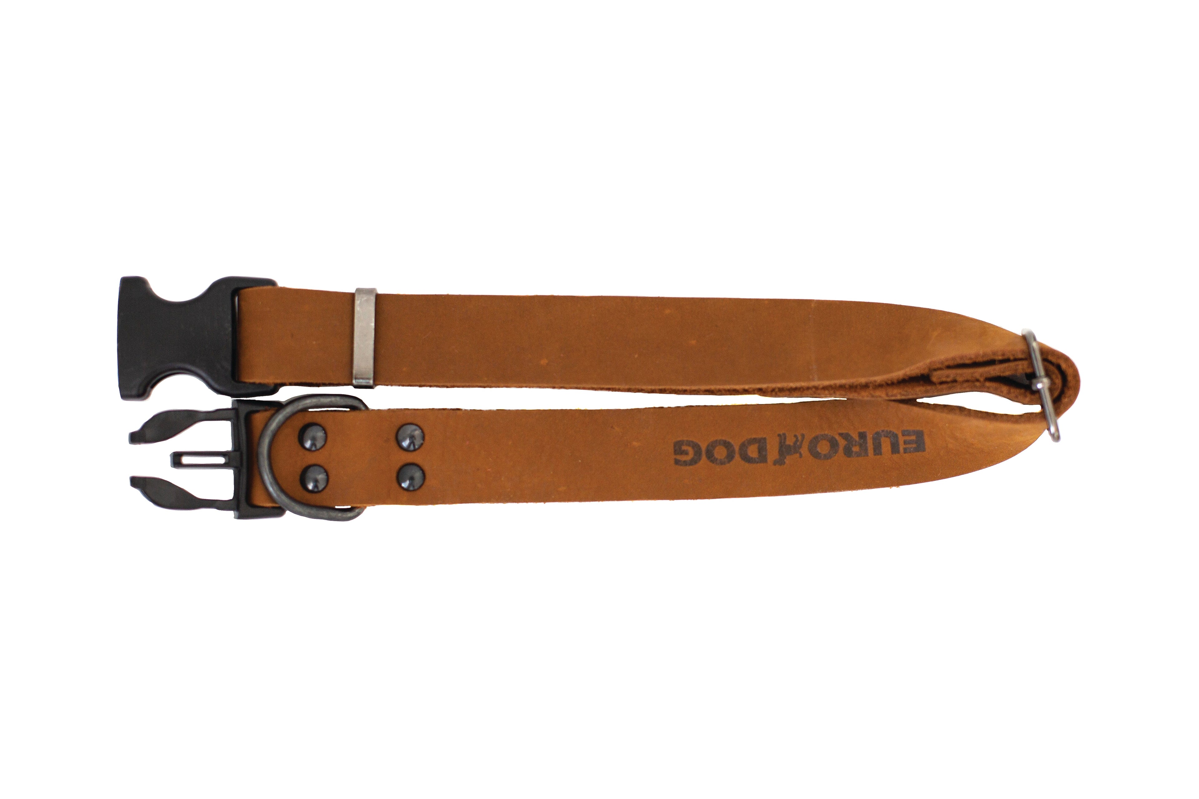 Earth brown leather dog collar by Euro-Dog Collars, sporty style, sturdy leather with metal buckle and D-ring.