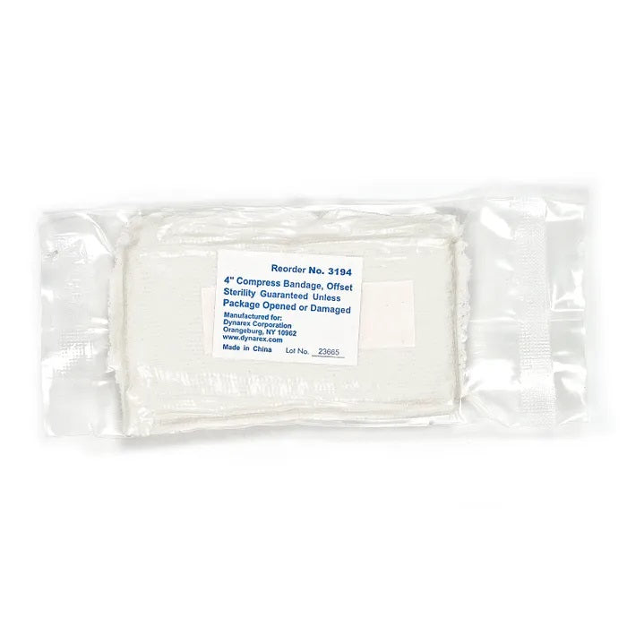 Sterile 4-inch offset compress bandage for bleeding management, featuring an off-center design for effective wound pressure.
