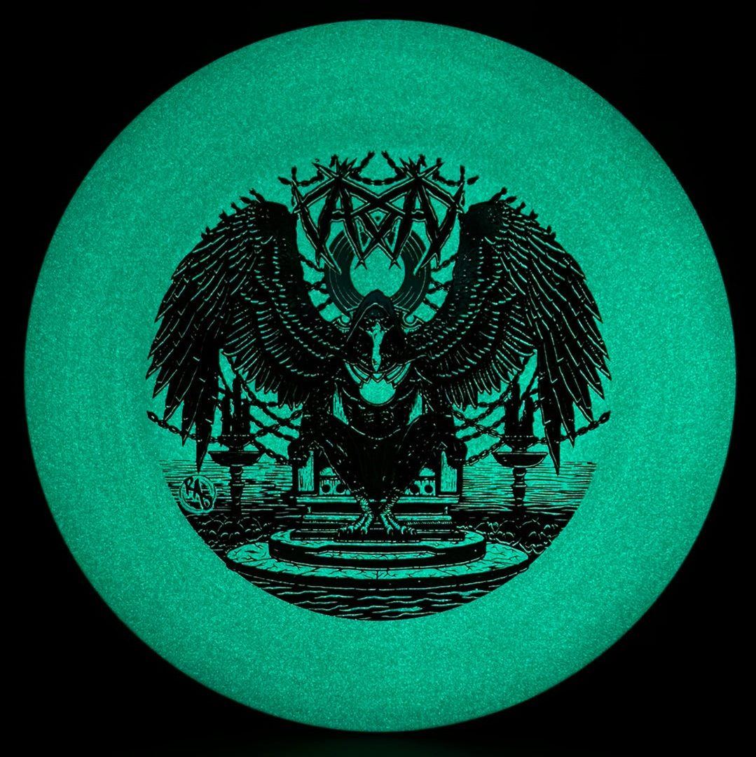 ESP Glo Buzzz disc golf disc by Rare Air Discs featuring Karudi the Overseer design, with vibrant glow-in-the-dark colors.