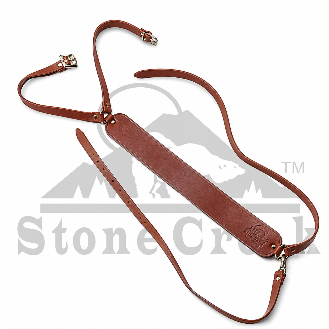 Leather Creel Harness by Stone Creek Outfitters, featuring durable leather straps and adjustable fittings for outdoor fishing.