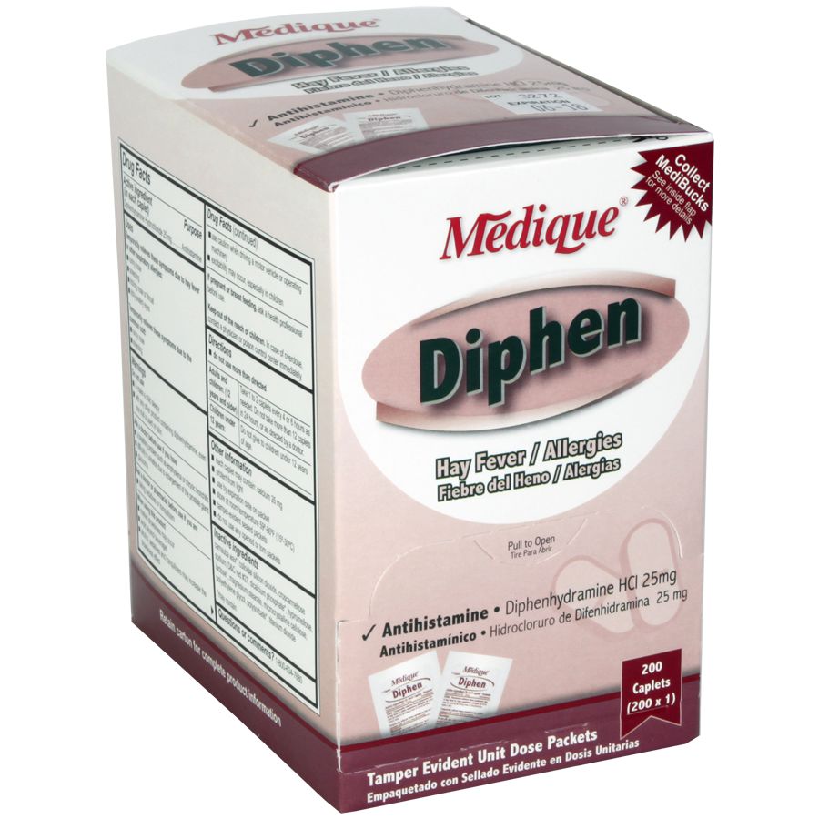 Generic Antihistamine Capsules in a 200-count box, featuring clear labeling and capsule details on the package.