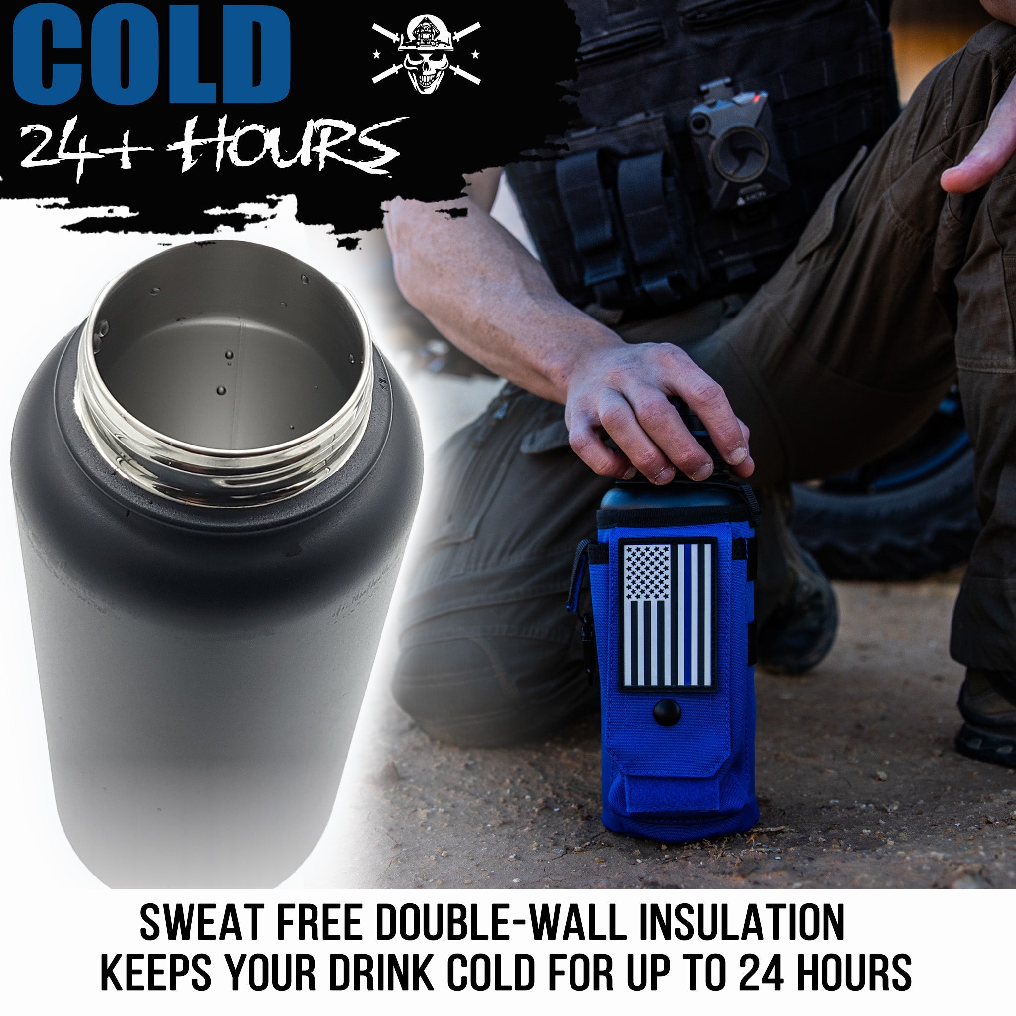 Iron Infidel 32oz compact water bottle with black cap and clear body, designed for durable hydration on the go