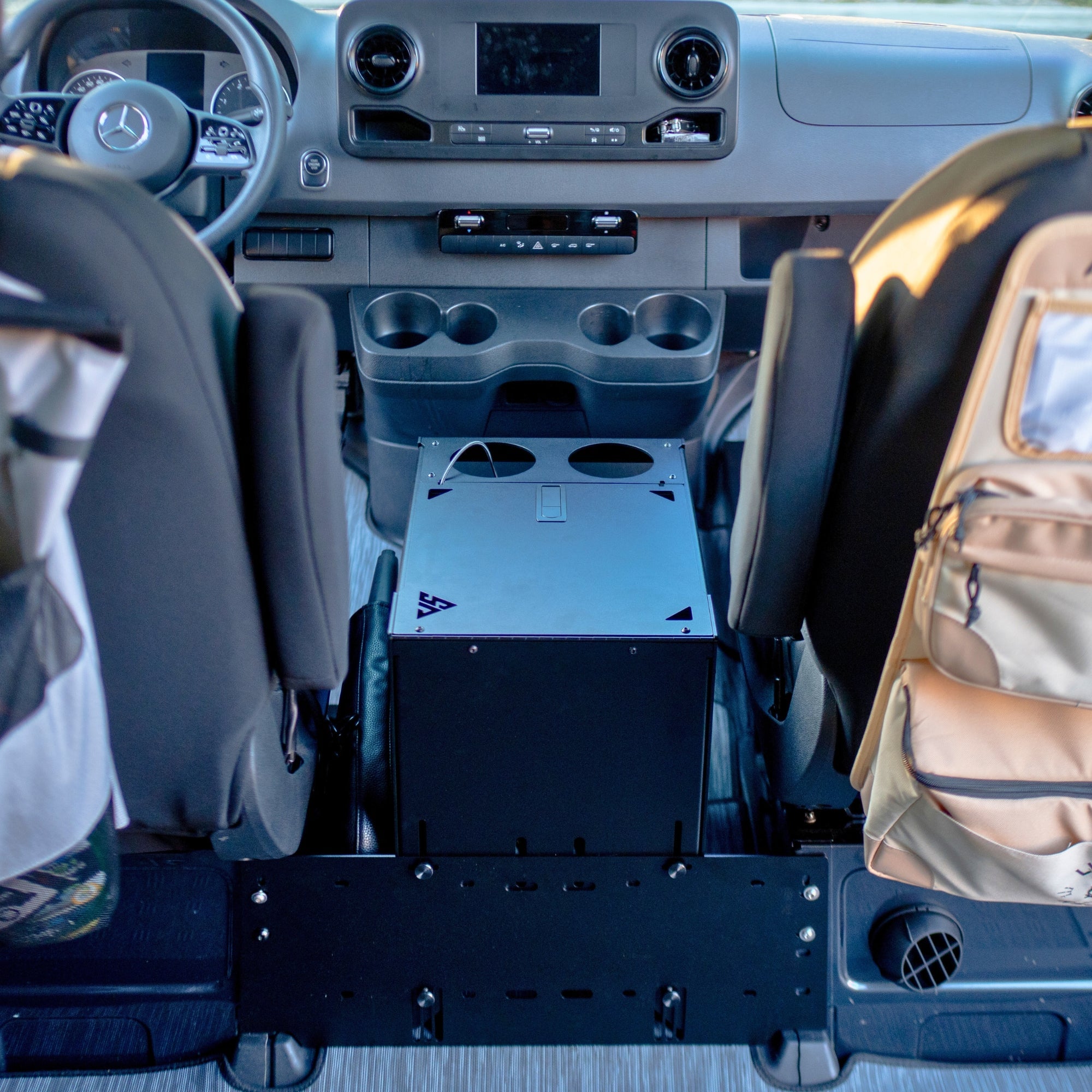 Sprinter Scout Center Console Box accessory by The Van Mart, featuring a sleek design and ample storage for vehicle essentials.