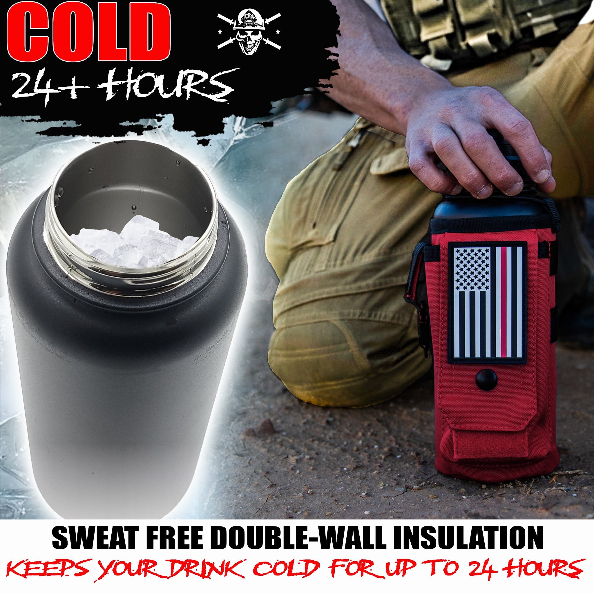 Iron Infidel 32oz compact battle water bottle with durable design and secure lid for hydration during workouts or outdoor activities.