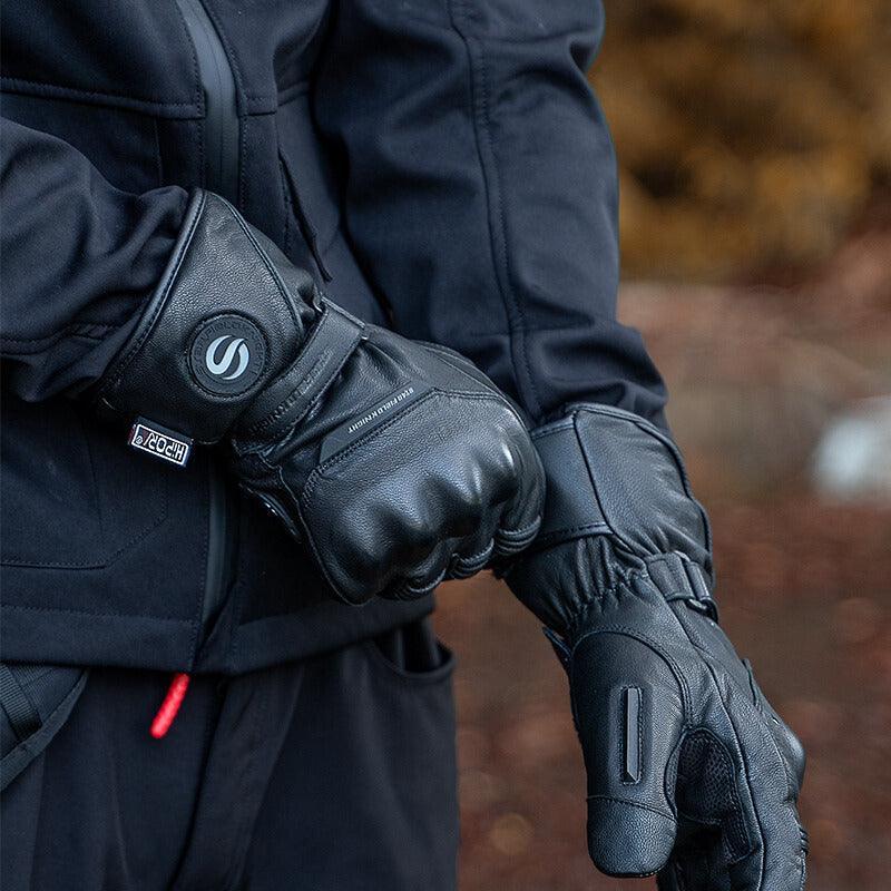 Bean's Moto Booth STAR FIELD KNIGHT™ heated motorcycle winter gloves, black leather gloves with heating elements for cold weather riding.