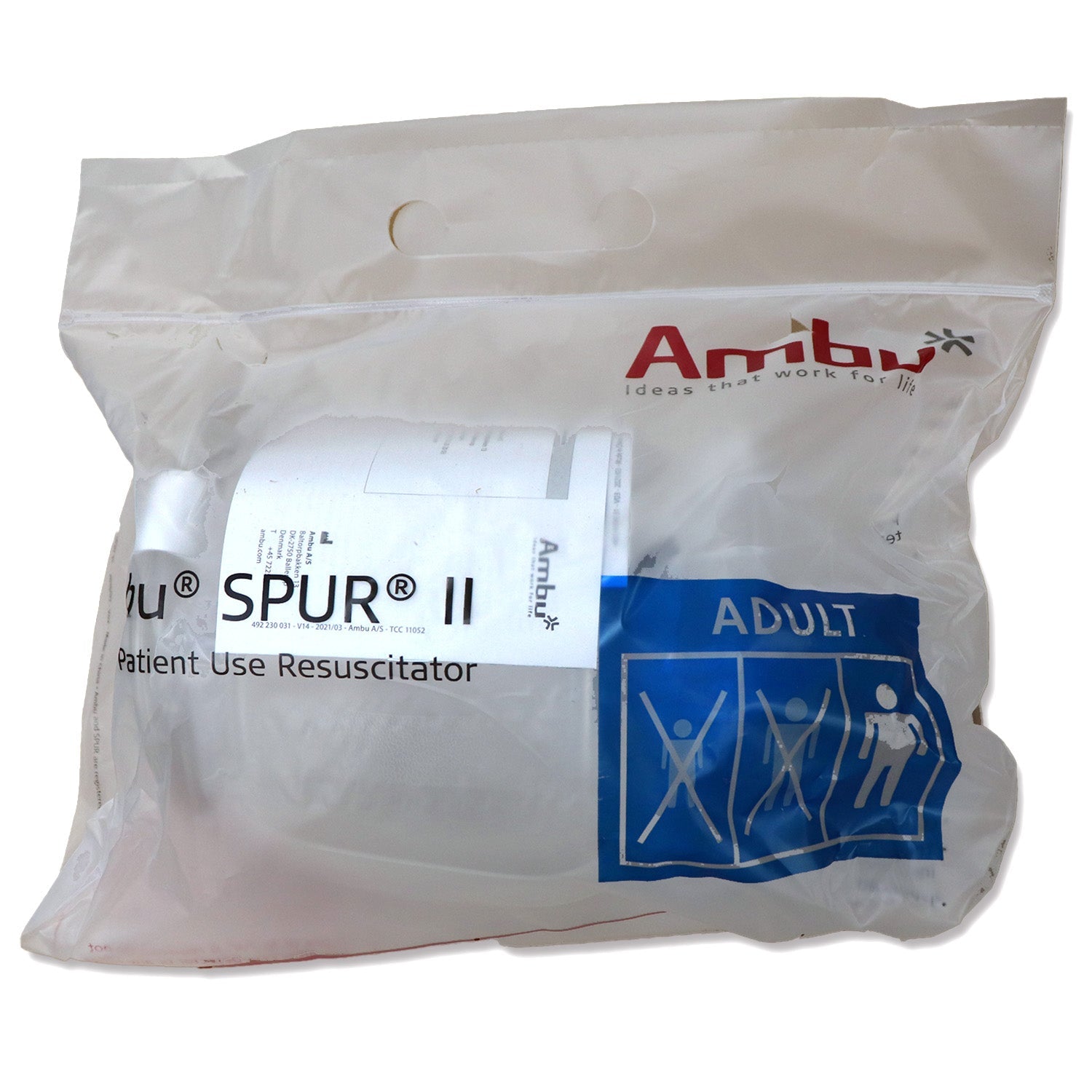 Ambu Spur II Disposable Adult BVM resuscitator bag-valve-mask for CPR, used in emergency adult resuscitation procedures.