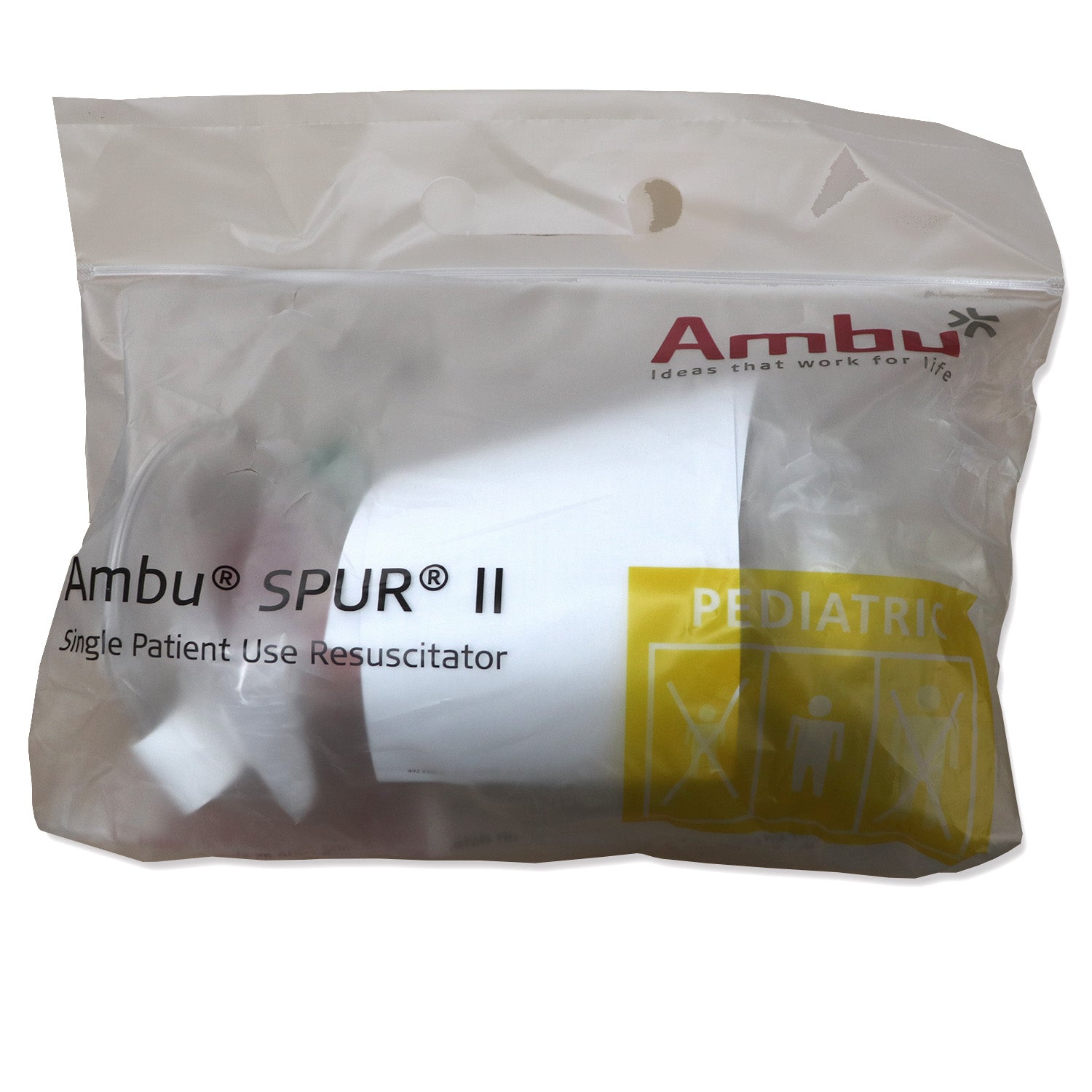 Pediatric Ambu Spur II disposable resuscitator bag-valve-mask (BVM) for CPR, shown with mask and bag in emergency medical equipment.