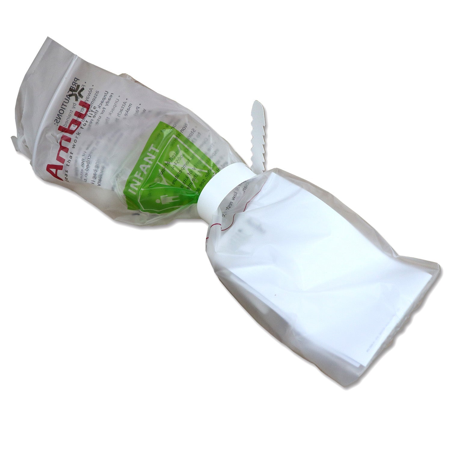 Infant Ambu Spur II disposable resuscitator bag-valve-mask for CPR, showing clear face mask and bag with tubing.